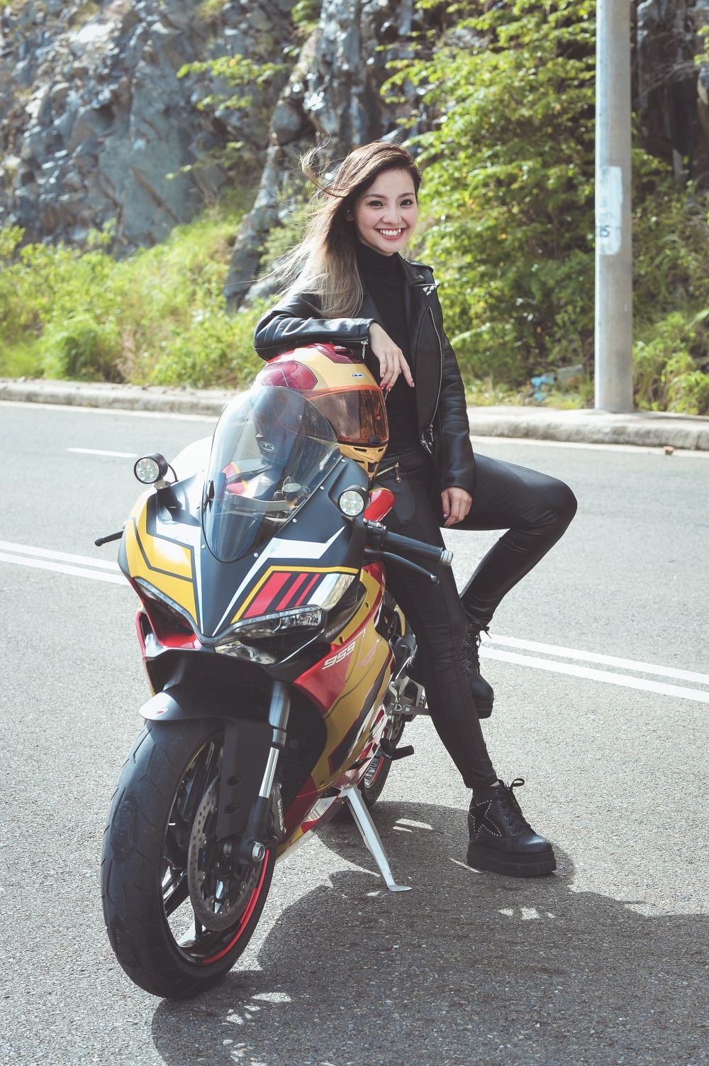 Riders put on a happy face.until a bug hits it. Girl riding motorcycle, Bike photohoot, Biker girl