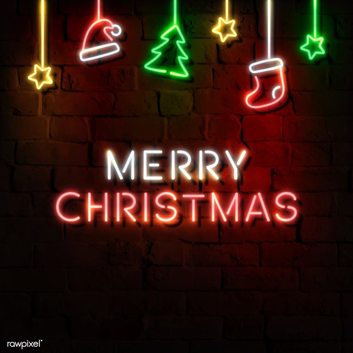Download premium vector of Stars, Santa hat, stocking, pine tree and Merry. Xmas wallpaper, Merry christmas picture, Neon signs