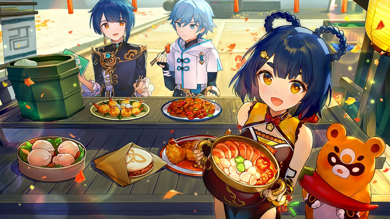 ainy77 animal aqua eyes autumn bear bell blue hair book braids chinese clothes chinese dress chongyun (genshin impact) dress elbow gloves food genshin impact gloves hoodie leaves male orange eyes short hair