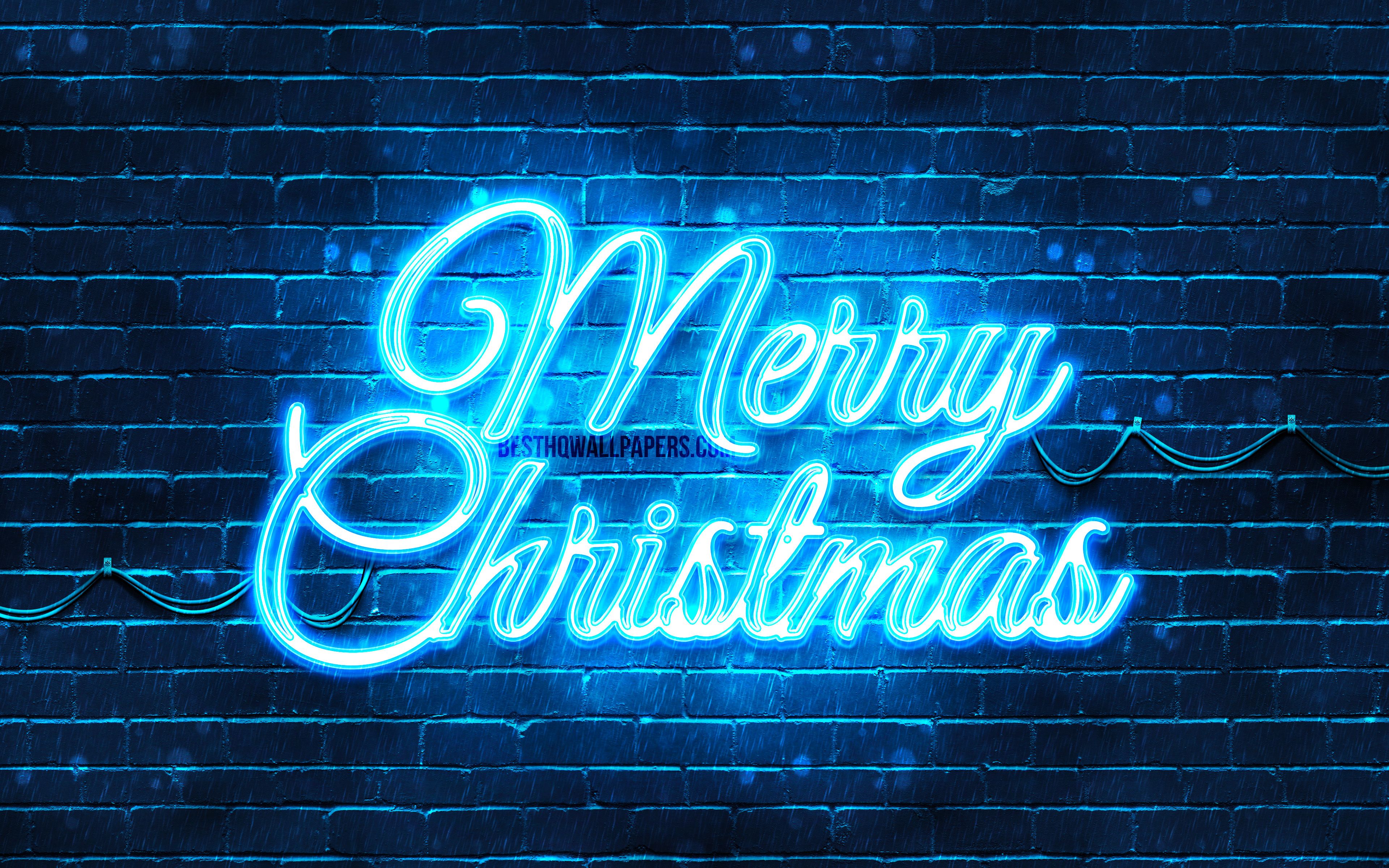 Download wallpaper Blue neon Merry Christmas, 4k, blue brickwall, Happy New Years Concept, Blue Merry Christmas, creative, Christmas decorations, Merry Christmas, xmas decorations for desktop with resolution 3840x2400. High Quality HD picture