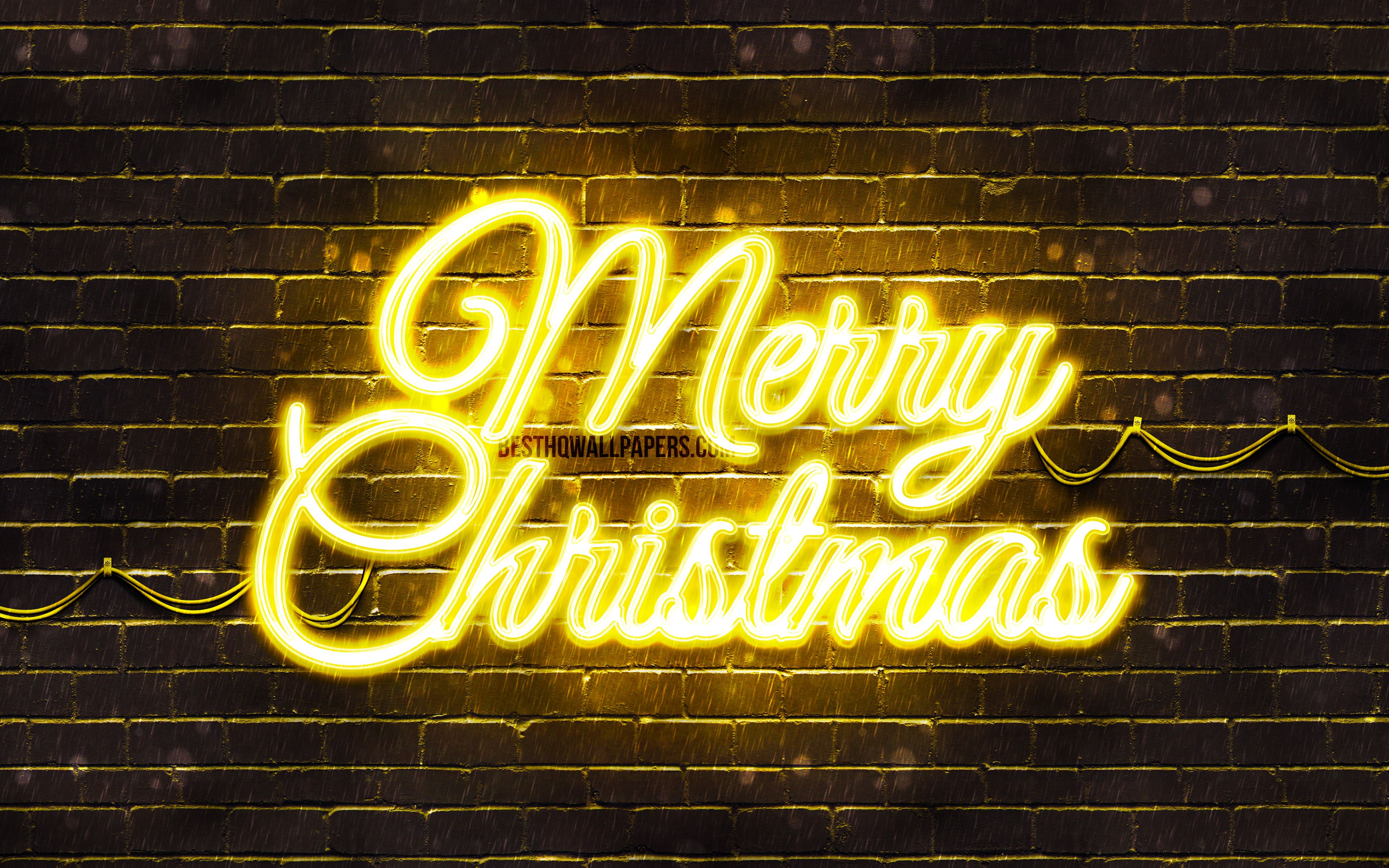 Download wallpaper Yellow neon Merry Christmas, 4k, yellow brickwall, Happy New Years Concept, Yellow Merry Christmas, creative, Christmas decorations, Merry Christmas, xmas decorations for desktop with resolution 3840x2400. High Quality HD picture