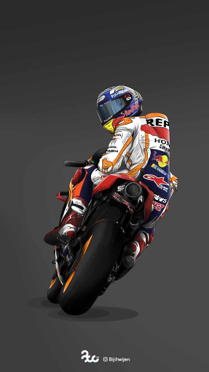 The illustration Marc Marquez, with the tags motorbike, honda, bike, mm rider, motogp, racing, motorcycle, ma. Motorbike illustration, Motorbike art, Bike pic