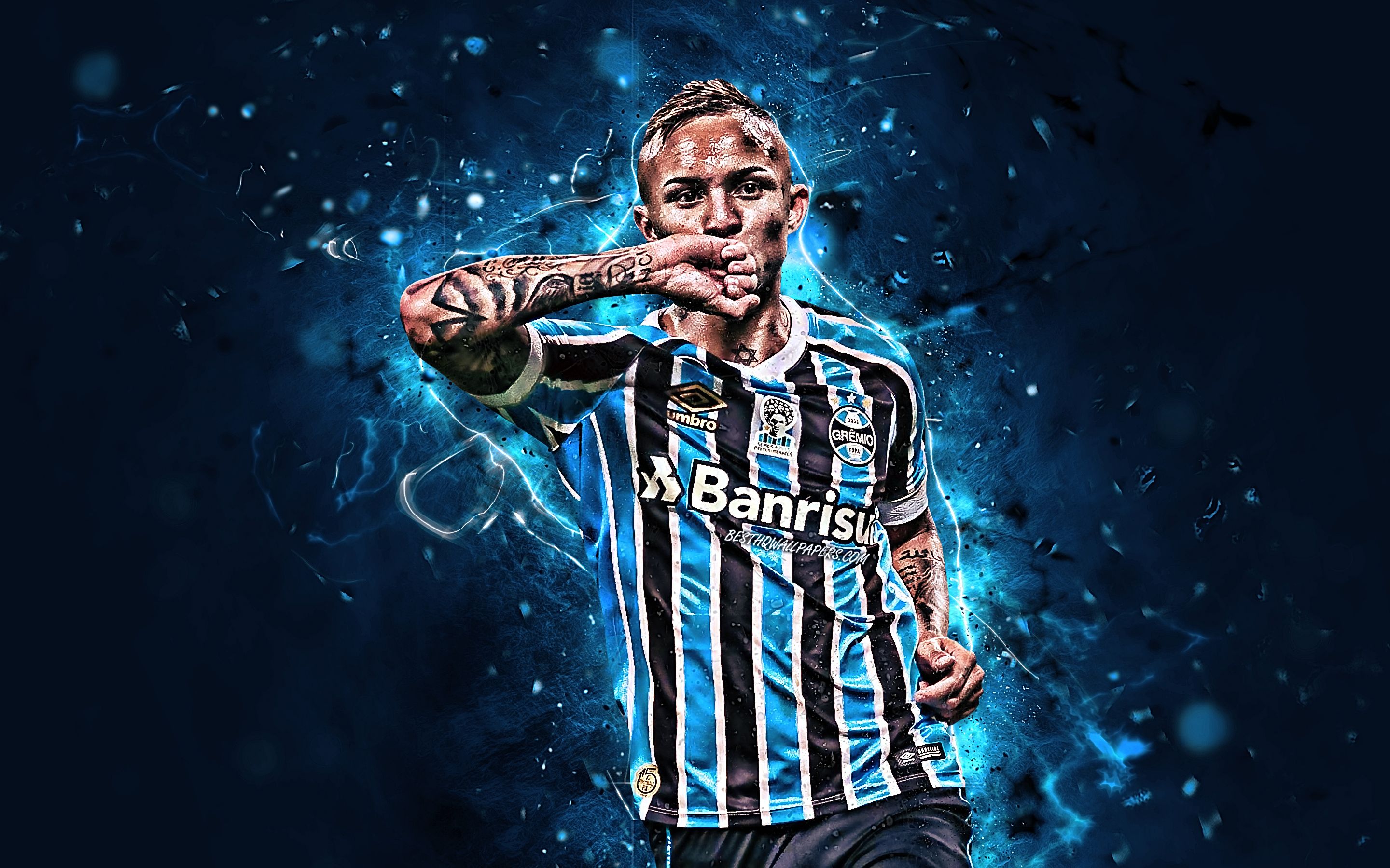 Download wallpaper Everton, brazilian footballers, forward, Gremio FC, abstract art, soccer, Everton Soares, Everton Gremio, striker, Brazilian Serie A, neon lights, Brazil for desktop with resolution 2880x1800. High Quality HD picture wallpaper