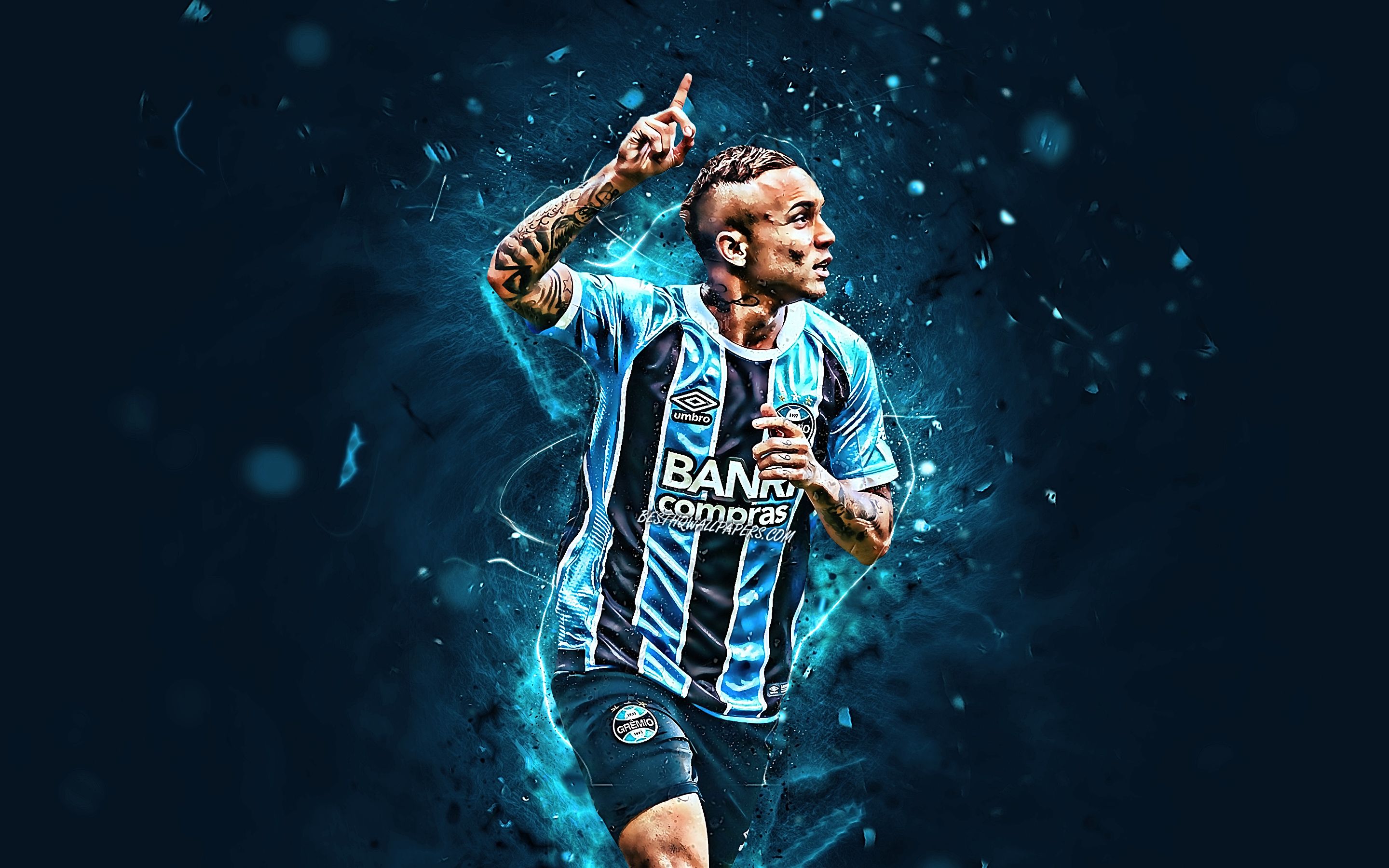 Download wallpaper Everton, goal, Gremio FC, brazilian footballers, soccer, Everton Soares, Everton Gremio, striker, Brazilian Serie A, neon lights, Brazil for desktop with resolution 2880x1800. High Quality HD picture wallpaper