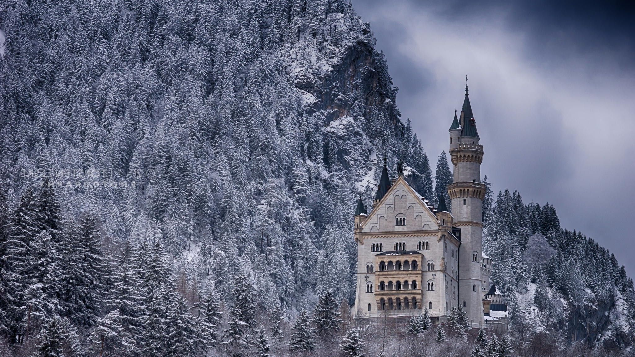 nature, Landscape, Winter, Snow, Architecture, Castle, Tower, Trees, Forest, Rock, Neuschwanstein Castle, Germany, Mountain Wallpaper HD / Desktop and Mobile Background