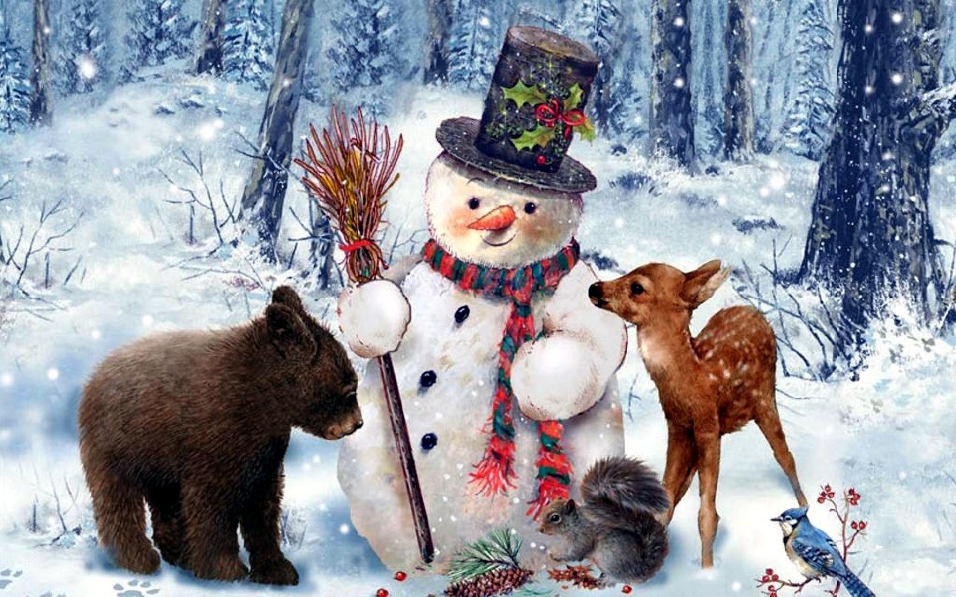 Best friends wide cute painting snowman winter animal deer dog wallpaperx1200
