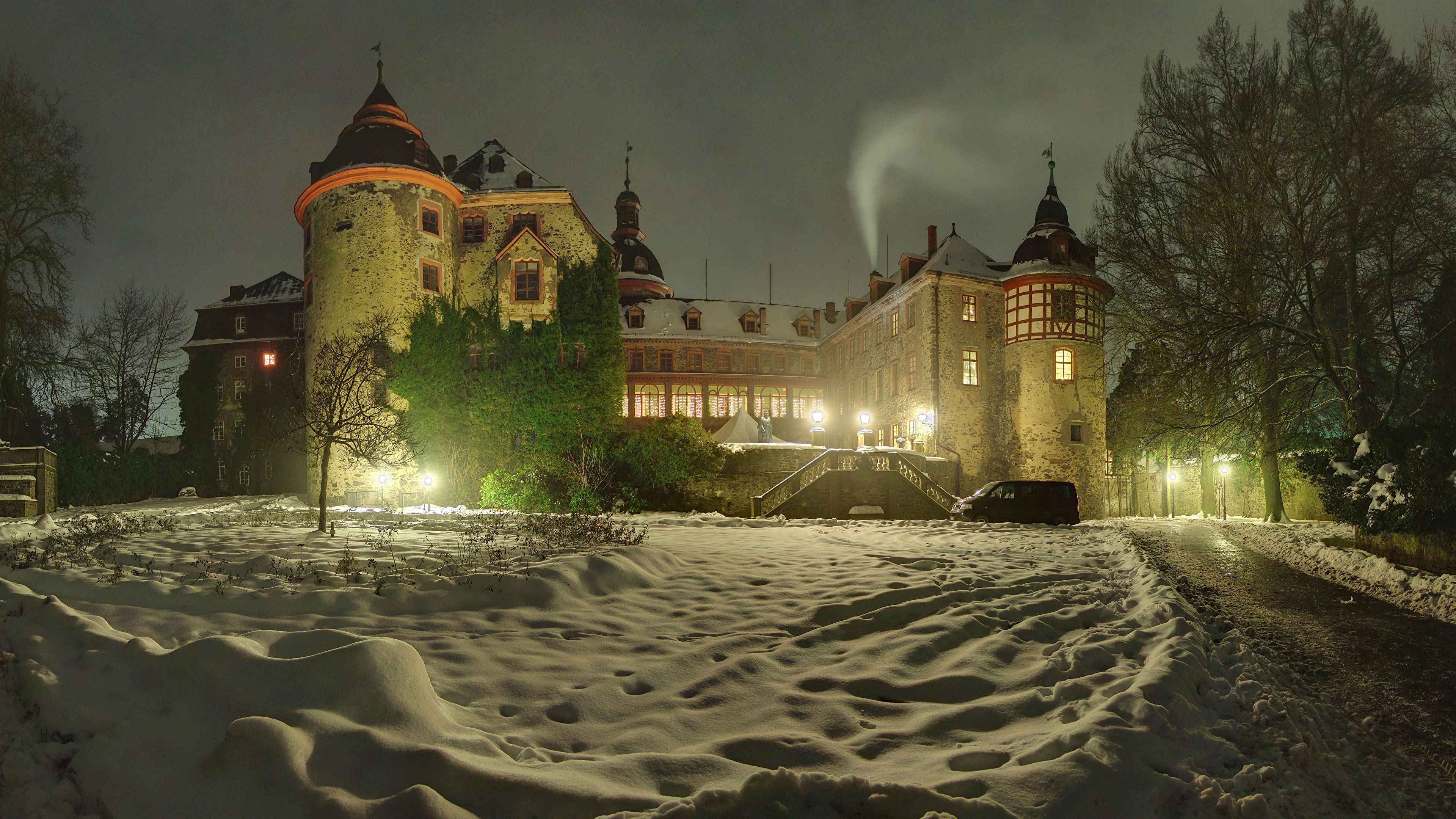 Photos Germany Laubach Castle Winter Castles Snow Night 3840x2160