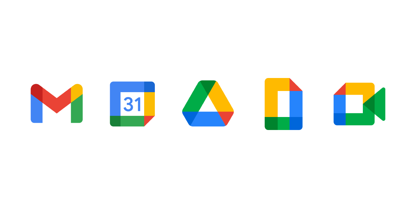 Google's new icons for Gmail, Calendar, Drive, Docs, and Meet all look the same