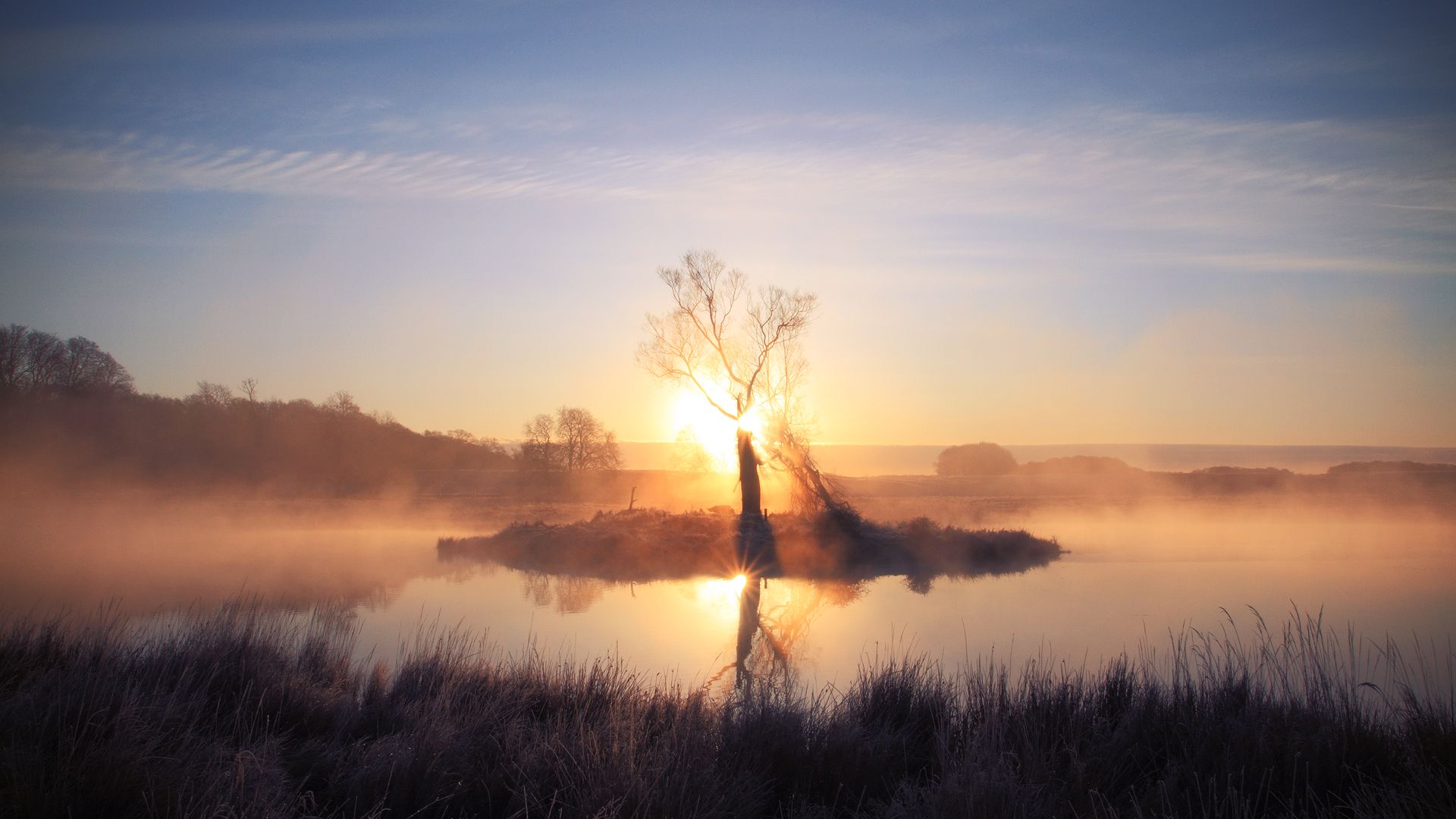 Landscapes lakes reflection fog mist dawn morning sky wallpaperx1080