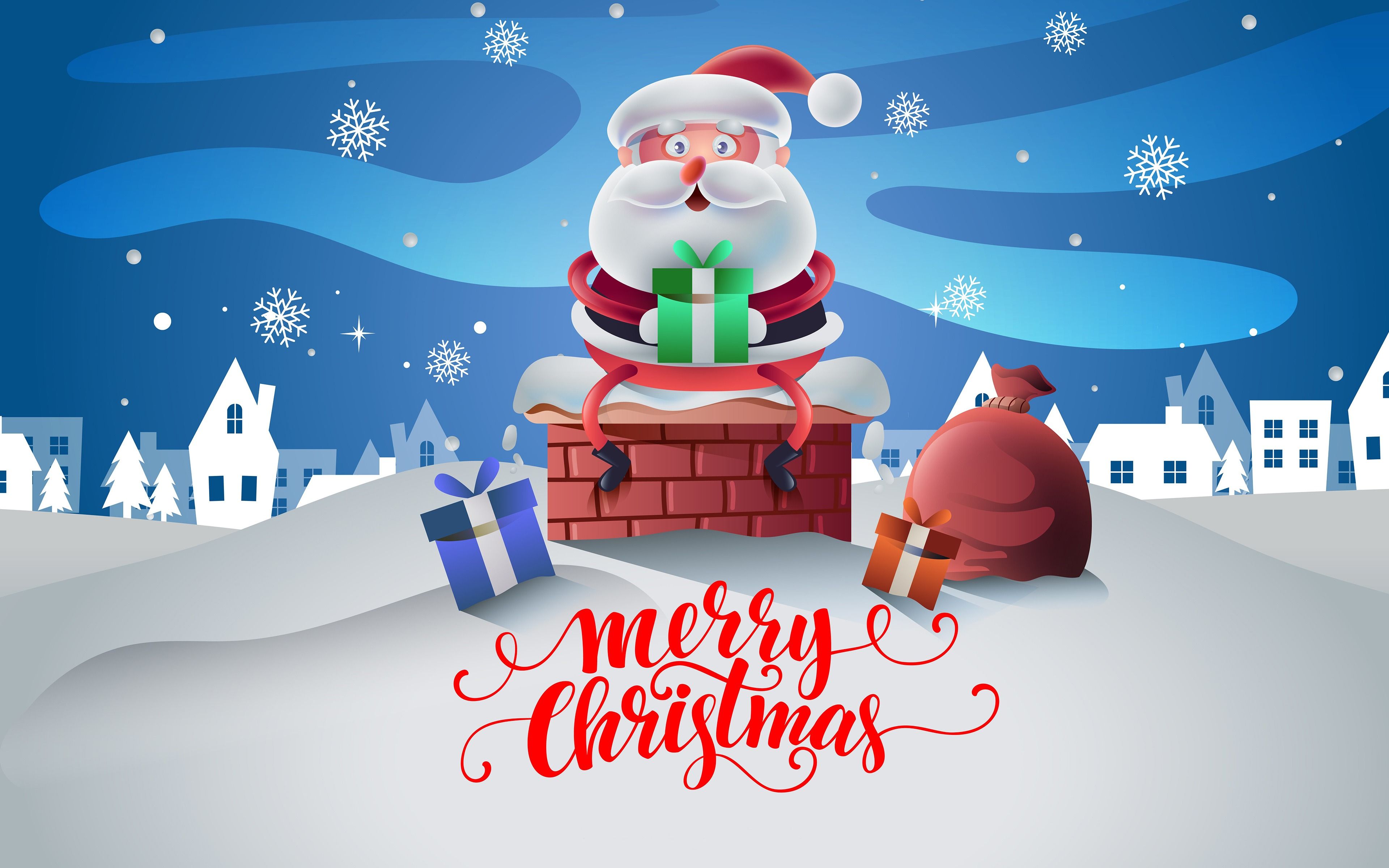 Download wallpaper Santa Claus with gifts, 4k, cartoon santa, winter, Happy New year, gift boxes, Christmas night, Merry Christmas, xmas, Christmas for desktop with resolution 3840x2400. High Quality HD picture wallpaper