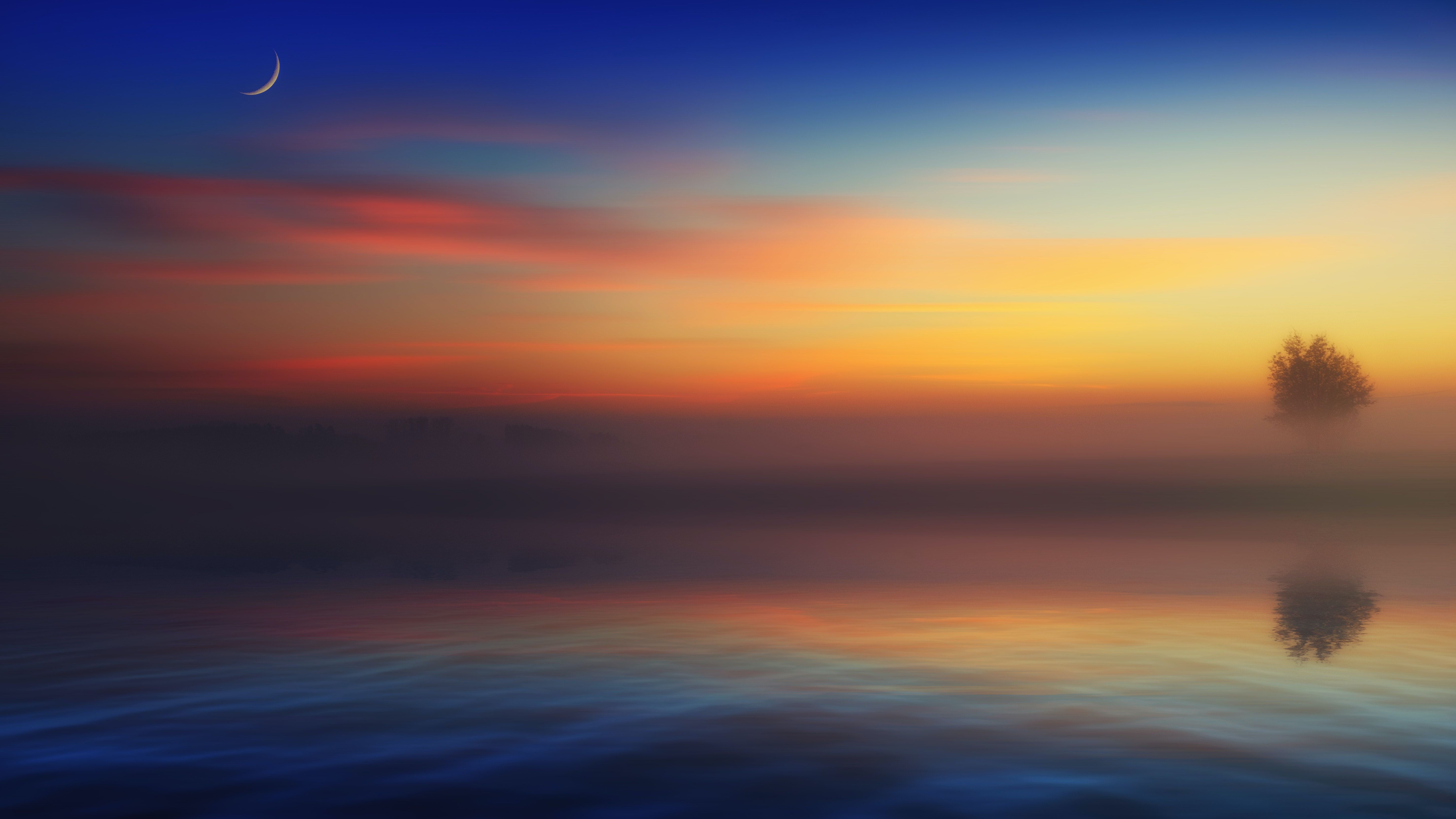 Horizon 4K Wallpaper, Landscape, River, Morning fog, Crescent Moon, 5K, Nature