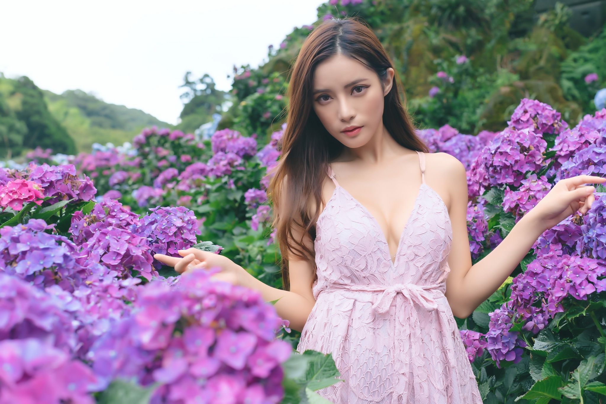 Asian Brunette Flower Girl Hydrangea Long Hair Model Pink Dress Purple Flower Woman Wallpaper:2048x1365