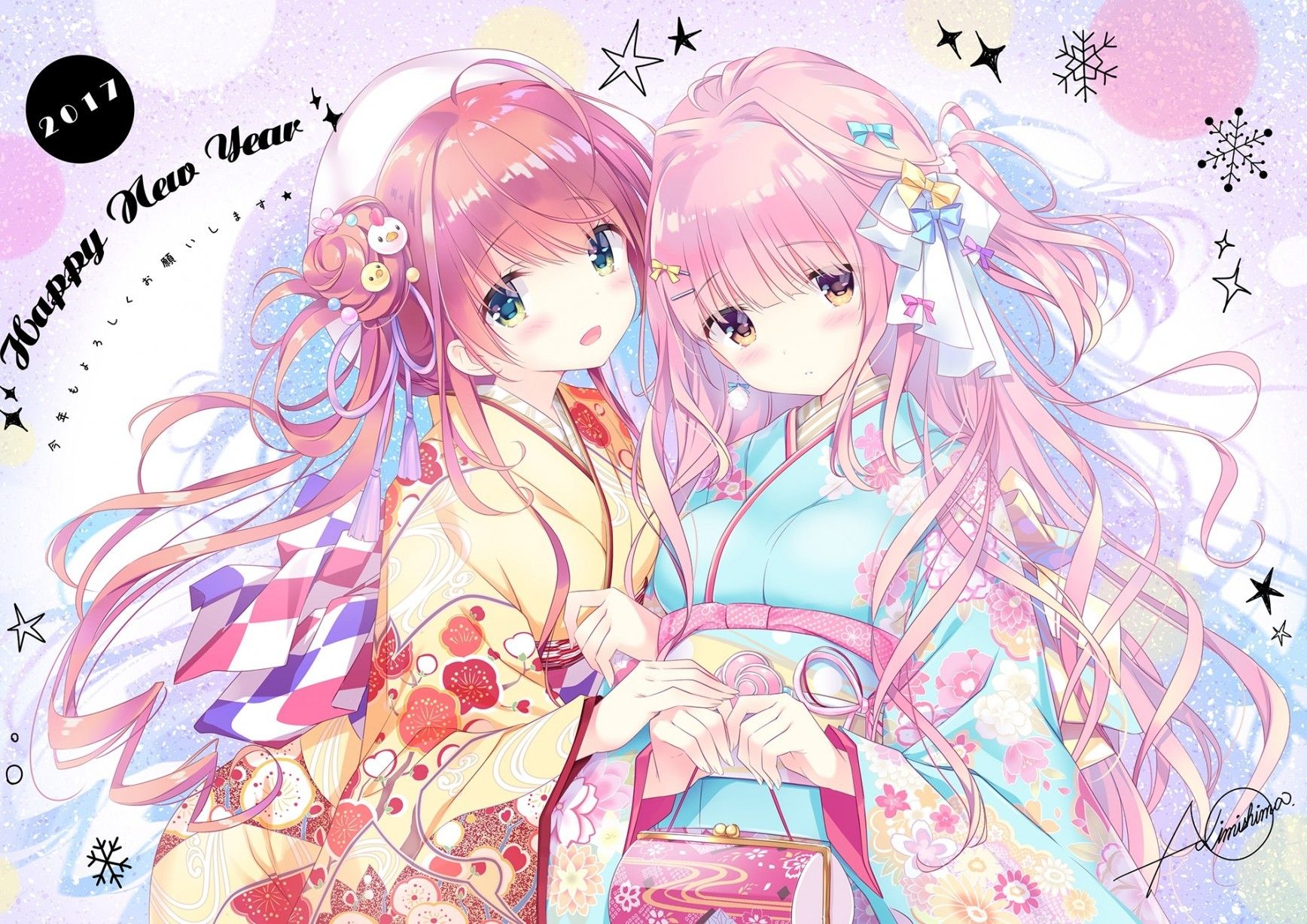 Download 1736x1228 Anime Girls, Happy New Year Japanese Clothes, Cute, Pink Hair Wallpaper