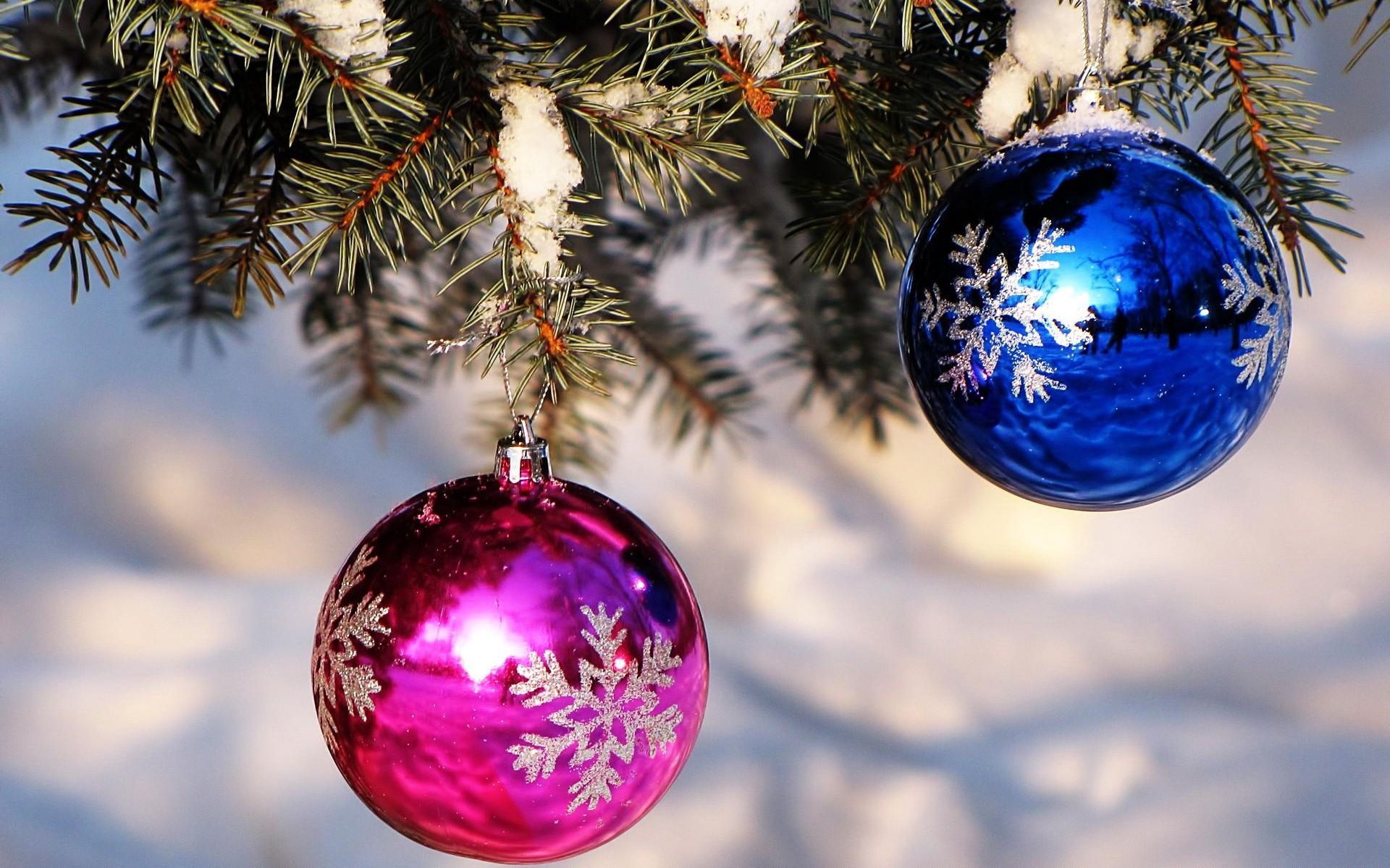 Download wallpaper 1920x1200 christmas decorations, balloons, blue, pink, spruce, snow widescreen 16:10 HD background