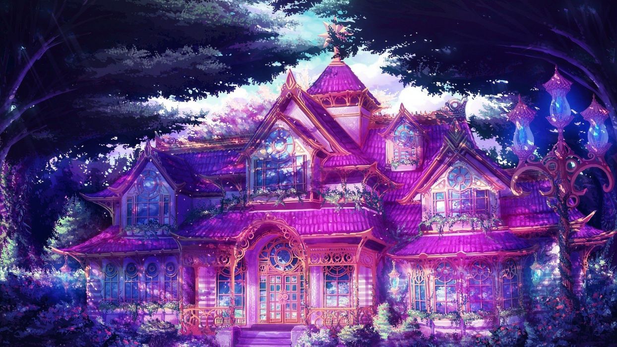 Fantasy Lovely House Artwork Blue Pink Wallpaperx1080