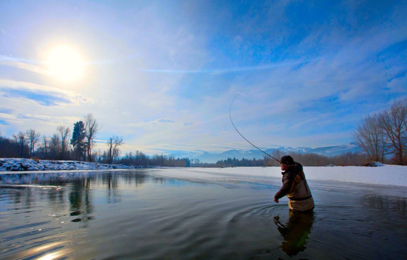 Wallpaper the sun, river, frost, Winter fishing image for desktop, section мужчины