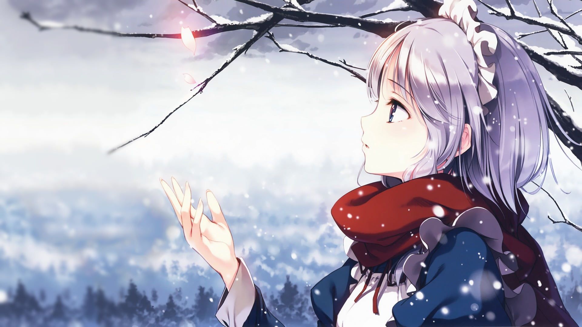Touhou Izayoi Sakuya Anime Girls #winter #snow #witch #ke Ta #apron Gray Hair #headdress #maid #petals. Anime Snow, Anime Wallpaper, Anime Background Wallpaper