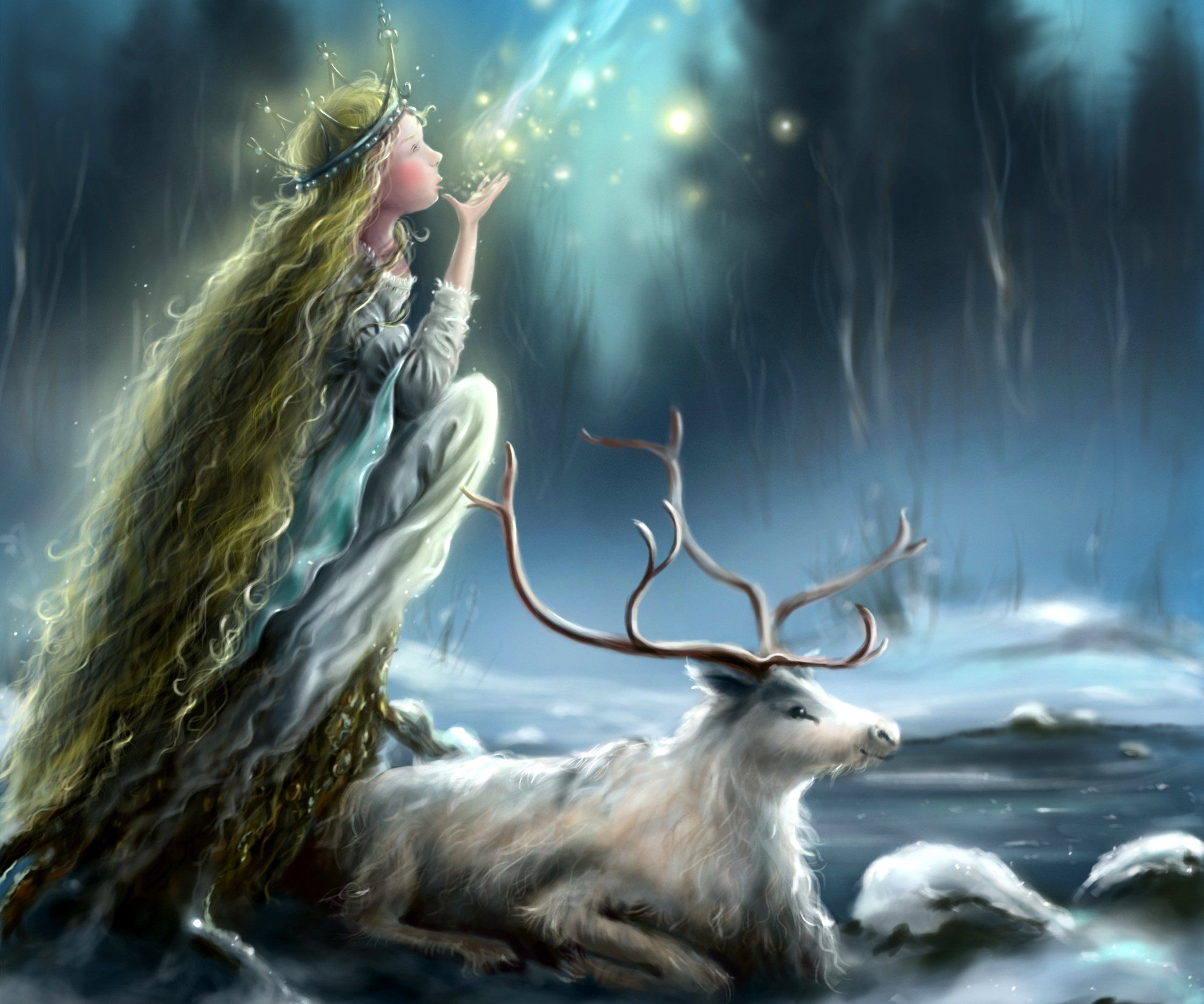 lights, Ice, Snow, Mania, Horns, Princess, Face, Animal, Long, Hair, Girl, Profile, Deer, Winter Wallpaper HD / Desktop and Mobile Background