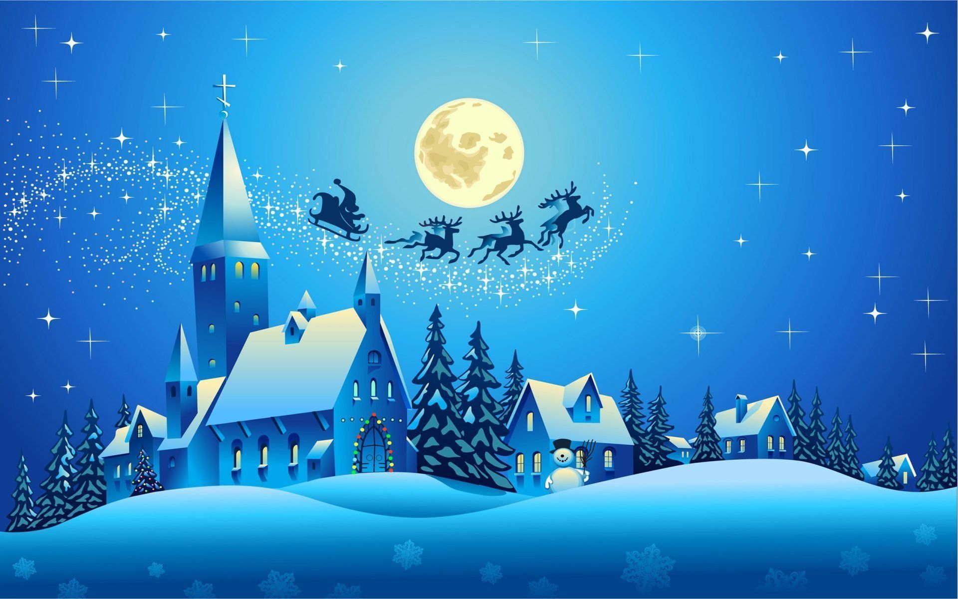 Holiday Christmas Artistic Blue Santa Sleigh House Snowman Church Tree Wallpaper. Merry christmas wallpaper, Merry christmas picture, Christmas scene