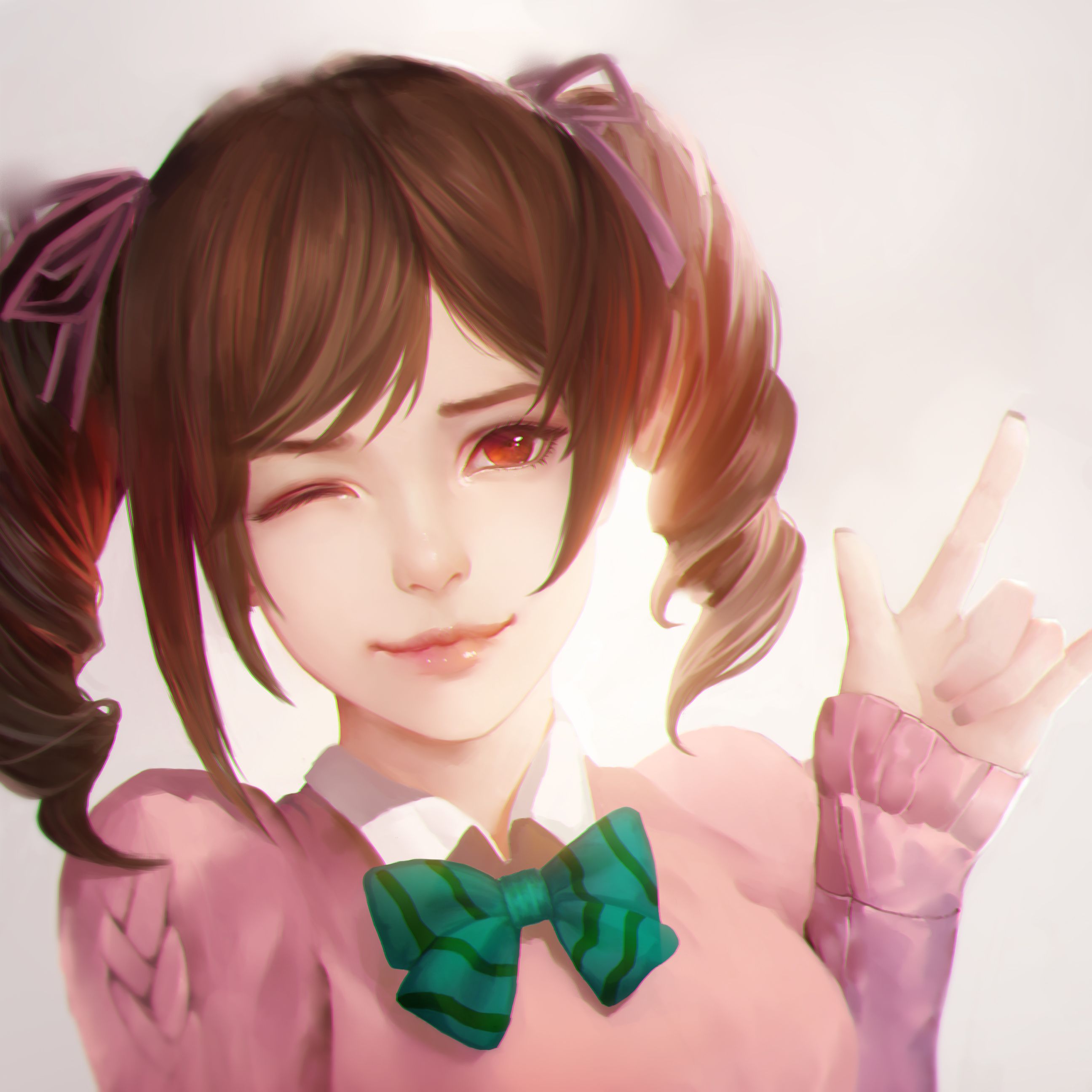 Yazawa Nico Love Live Women Brunette Pigtails Hair Ribbon Red Eyes Looking At Viewer Wink Smiling Sh Wallpaper:2592x2592