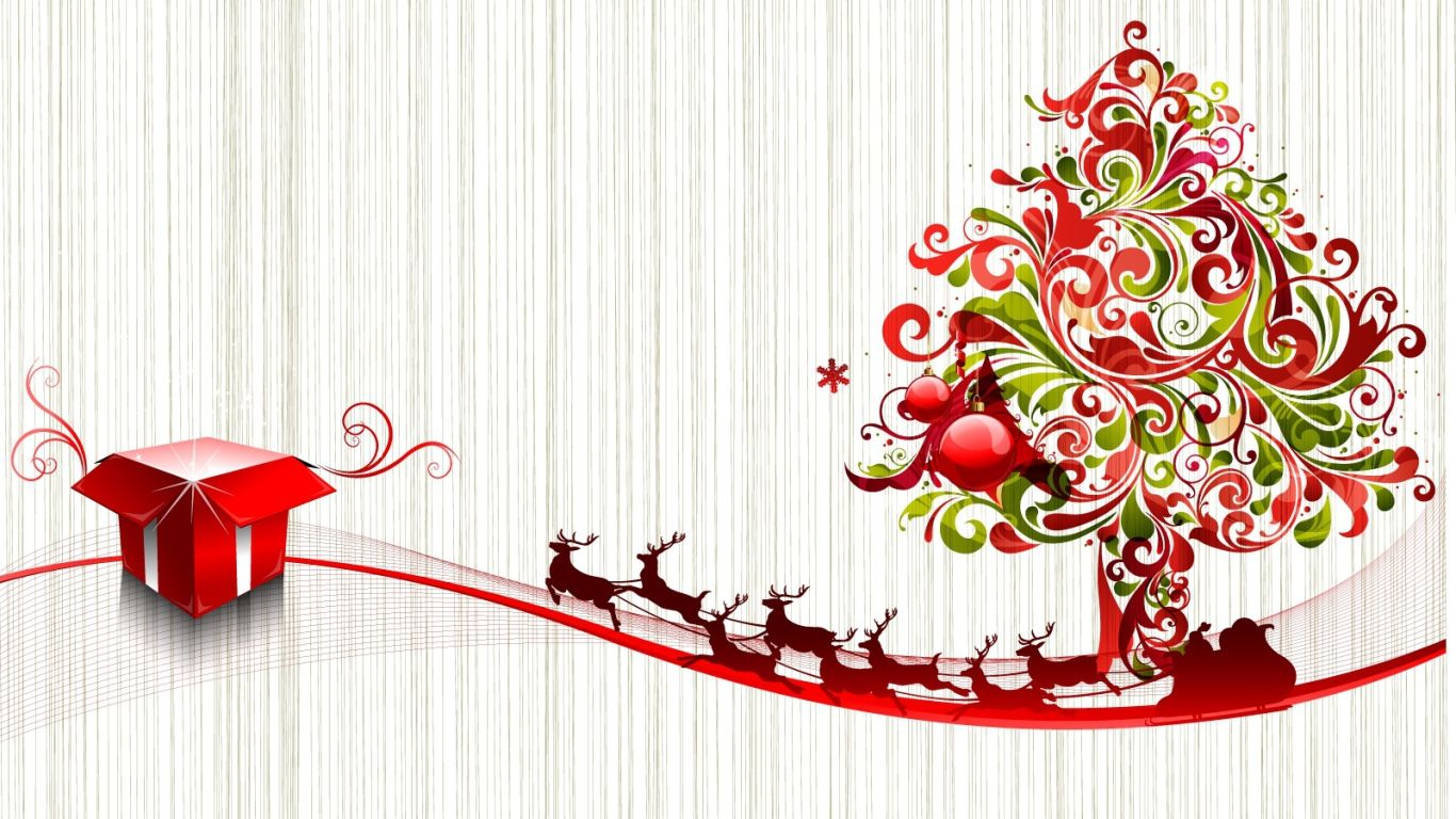 Red and green Christmas tree with deers on a light background on Christmas Desktop wallpaper 1366x768