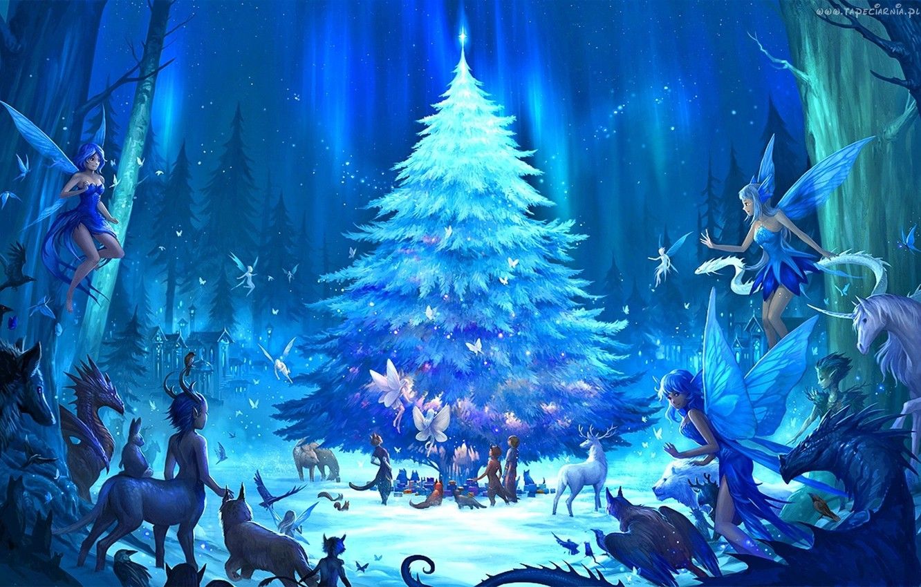 Wallpaper forest, fantasy, holiday, anime, art, elves, New year, tree, the edge image for desktop, section новый год