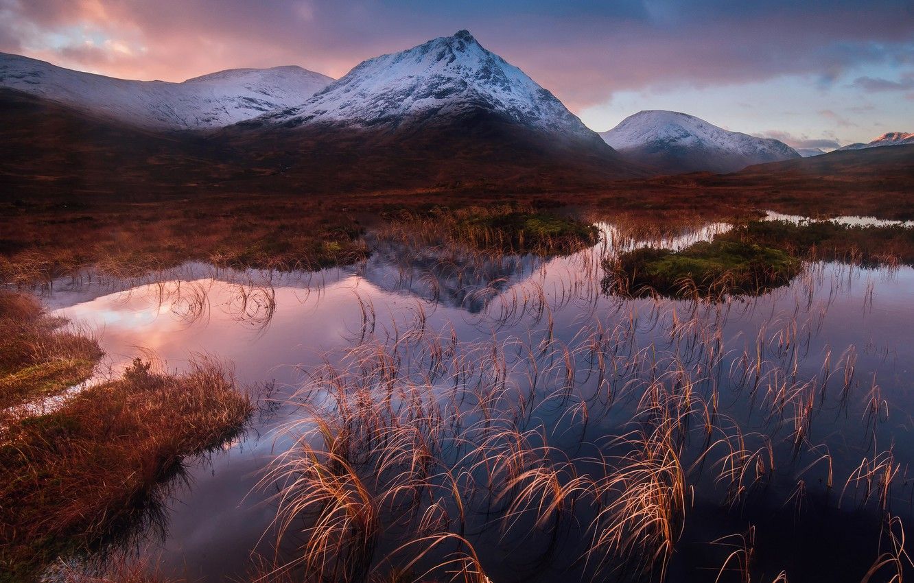 Wallpaper Winter, The Sky, Grass, Clouds, Mountains, The Evening, Scotland, Lake, Glencoe, South West Highland Image For Desktop, Section пейзажи