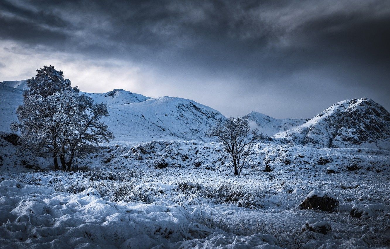 Wallpaper winter, trees, mountains, valley, Scotland, Scotland, Highland, Highland, Glencoe, Glen Coe image for desktop, section пейзажи