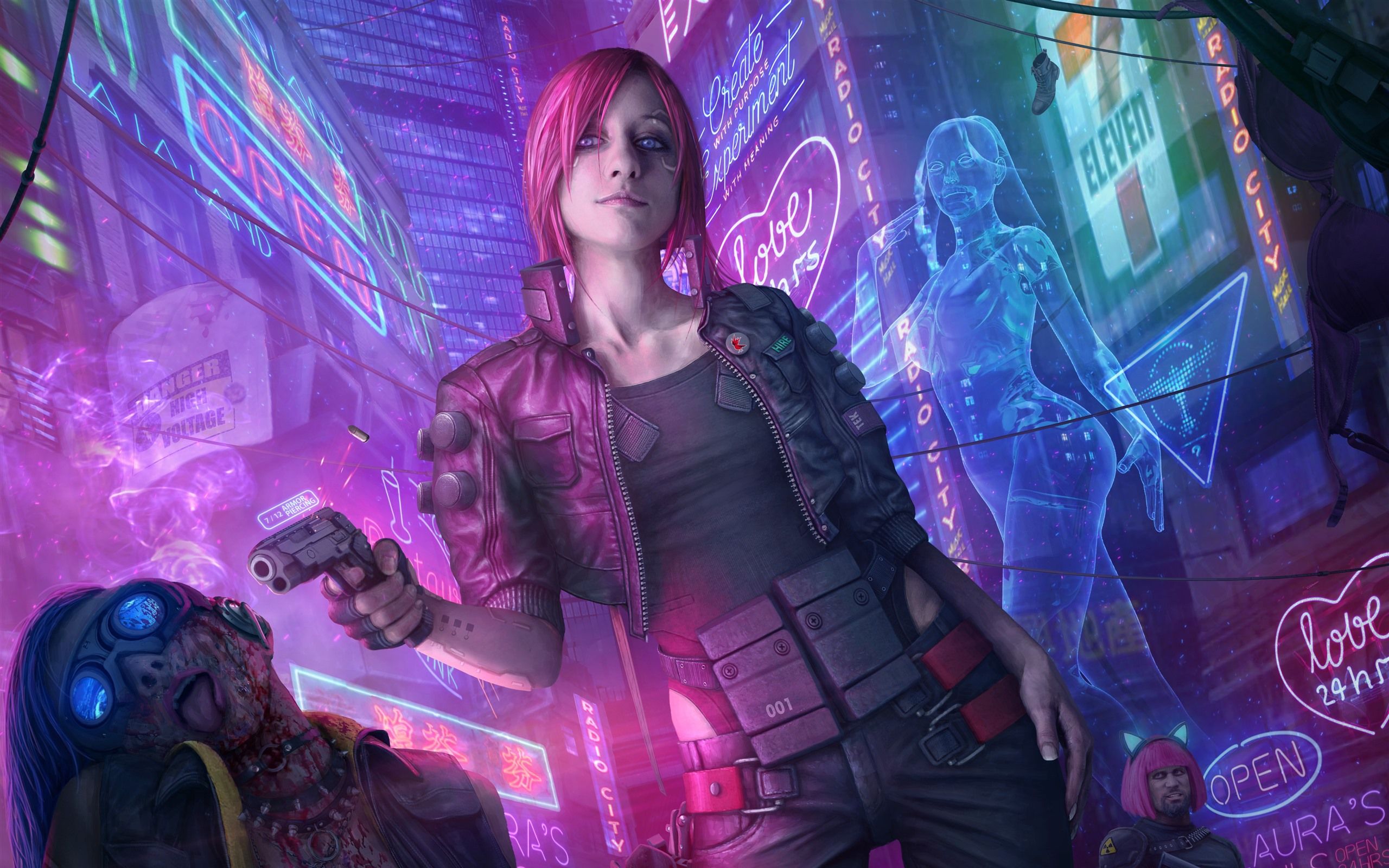 Wallpaper Cyberpunk 2077, pink hair girl, gun, city 5120x2880 UHD 5K Picture, Image