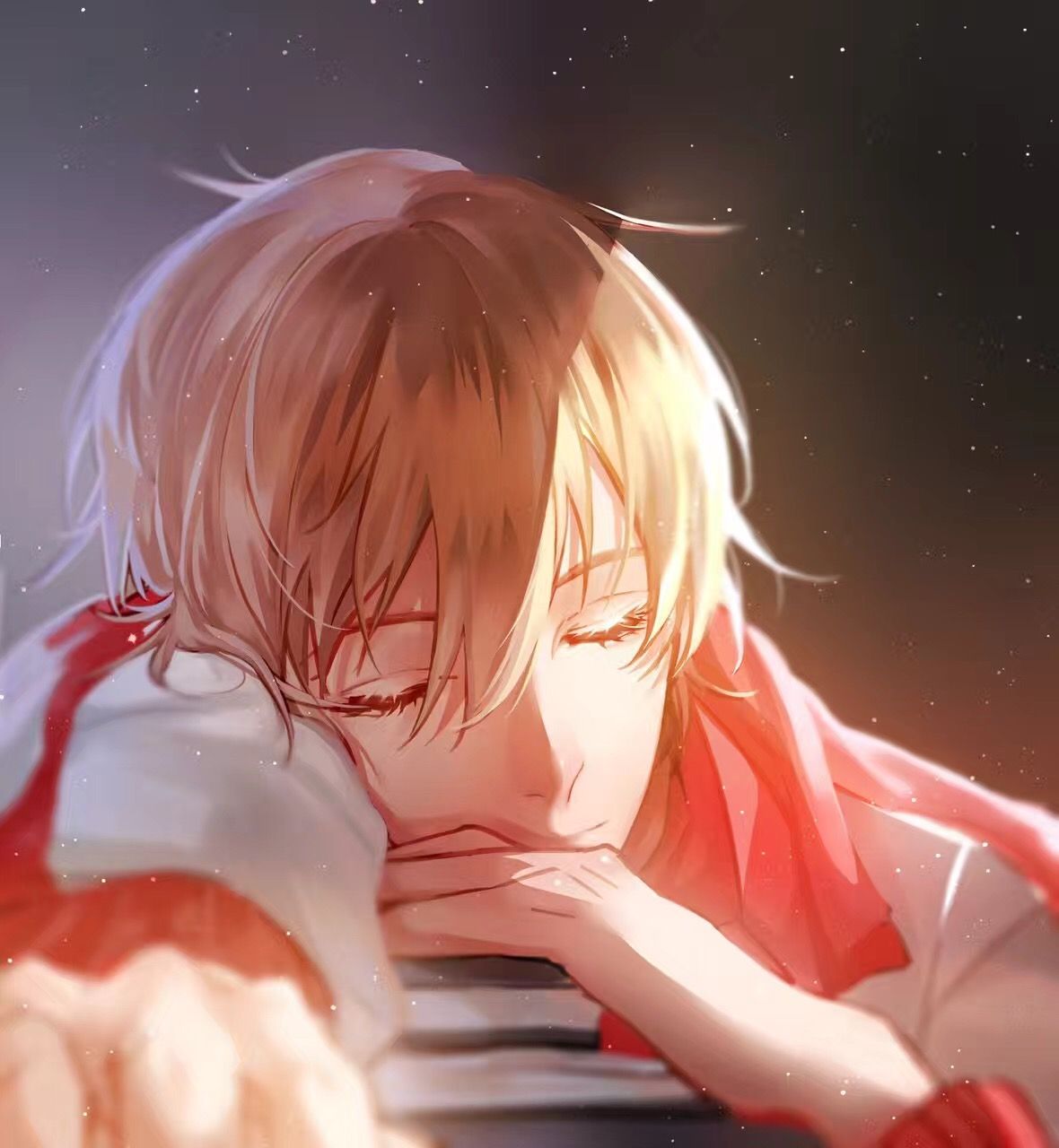 Holding a sleeping boy's hand is a DREAM. With that perfect light angle. *caresses his front hair* Meow. Anime, Blonde anime boy, Anime drawings boy