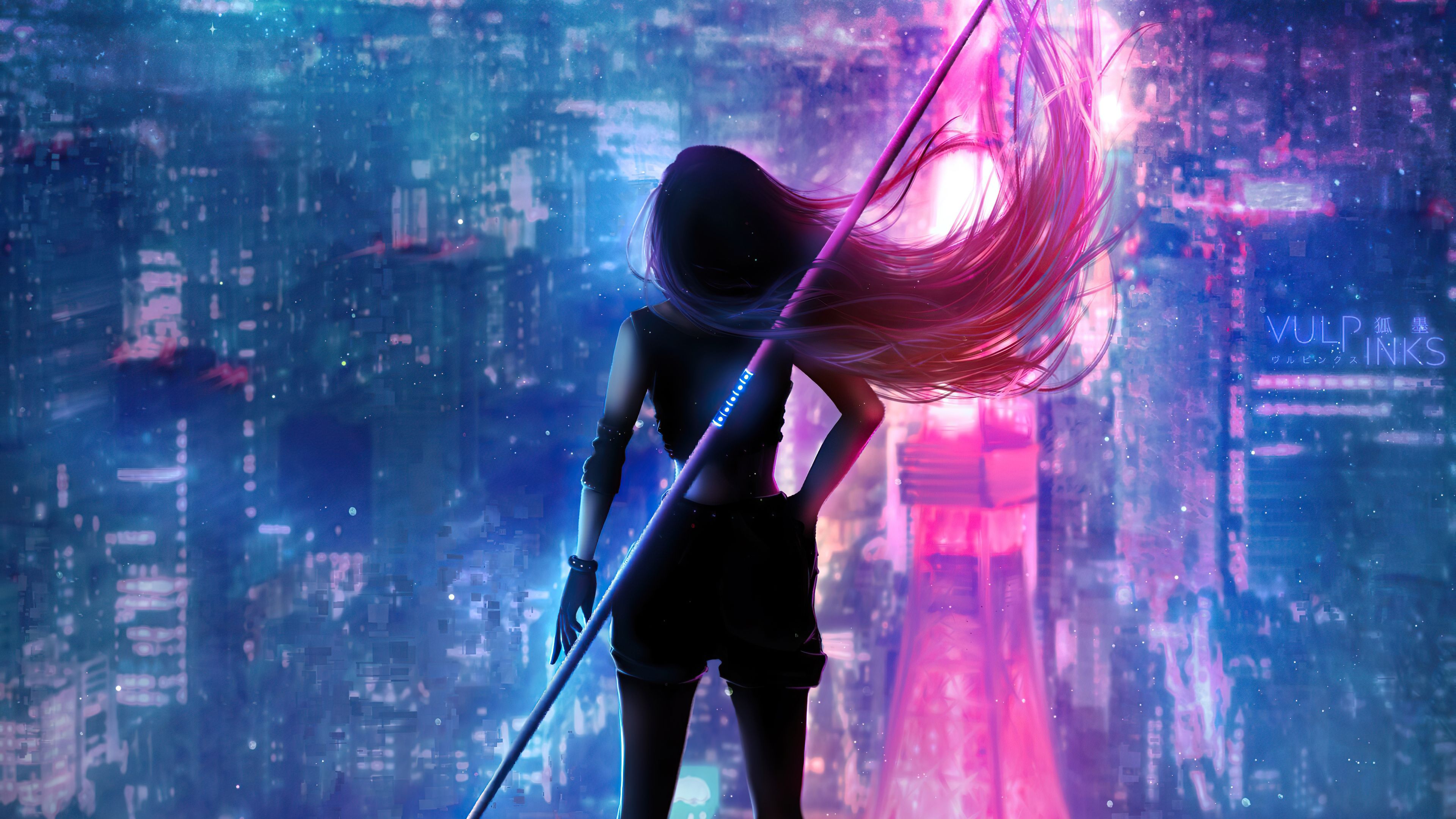 Girl Hair Flowing Neon City, HD Artist, 4k Wallpaper, Image, Background, Photo and Picture