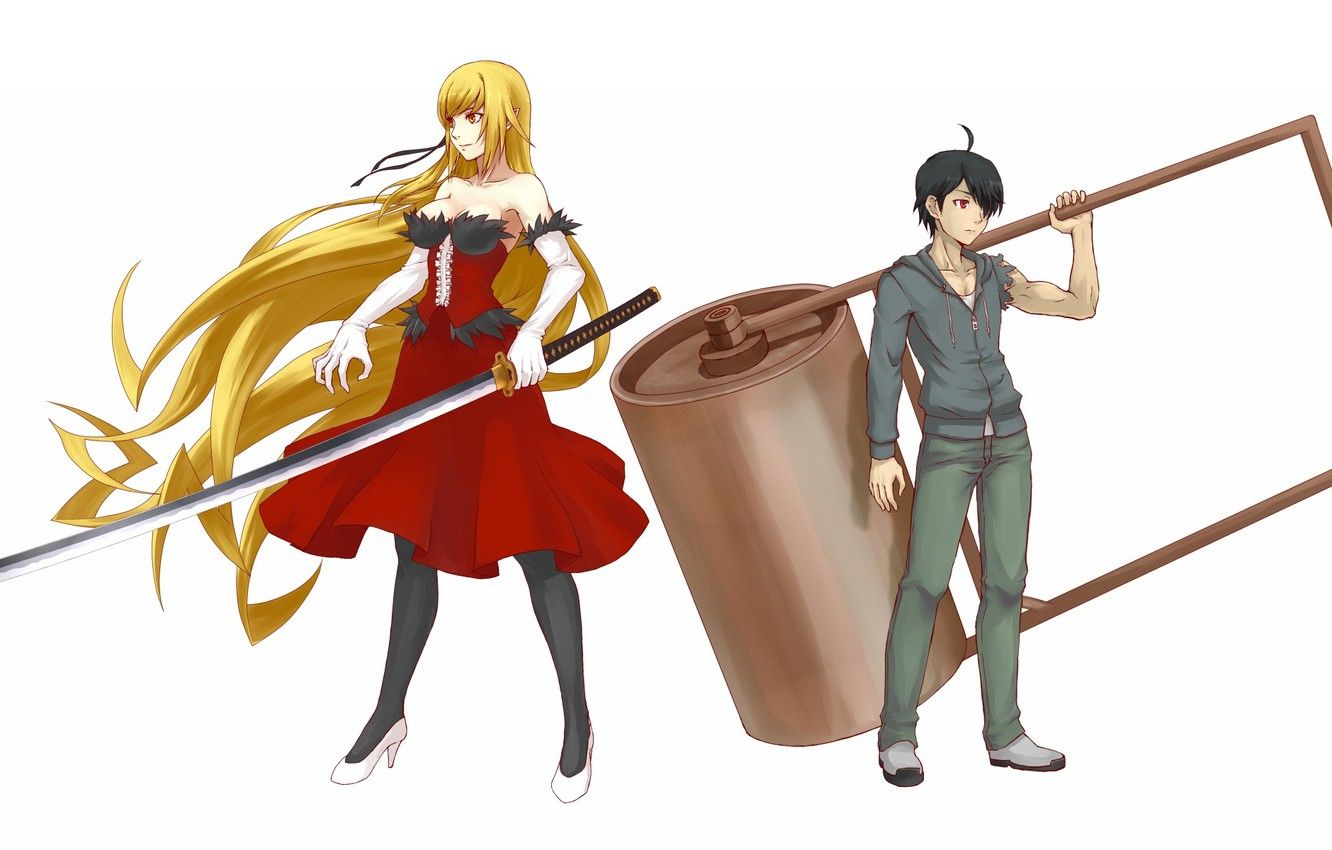 Wallpaper girl, weapons, anime, art, guy, kizumonogatari image for desktop, section прочее