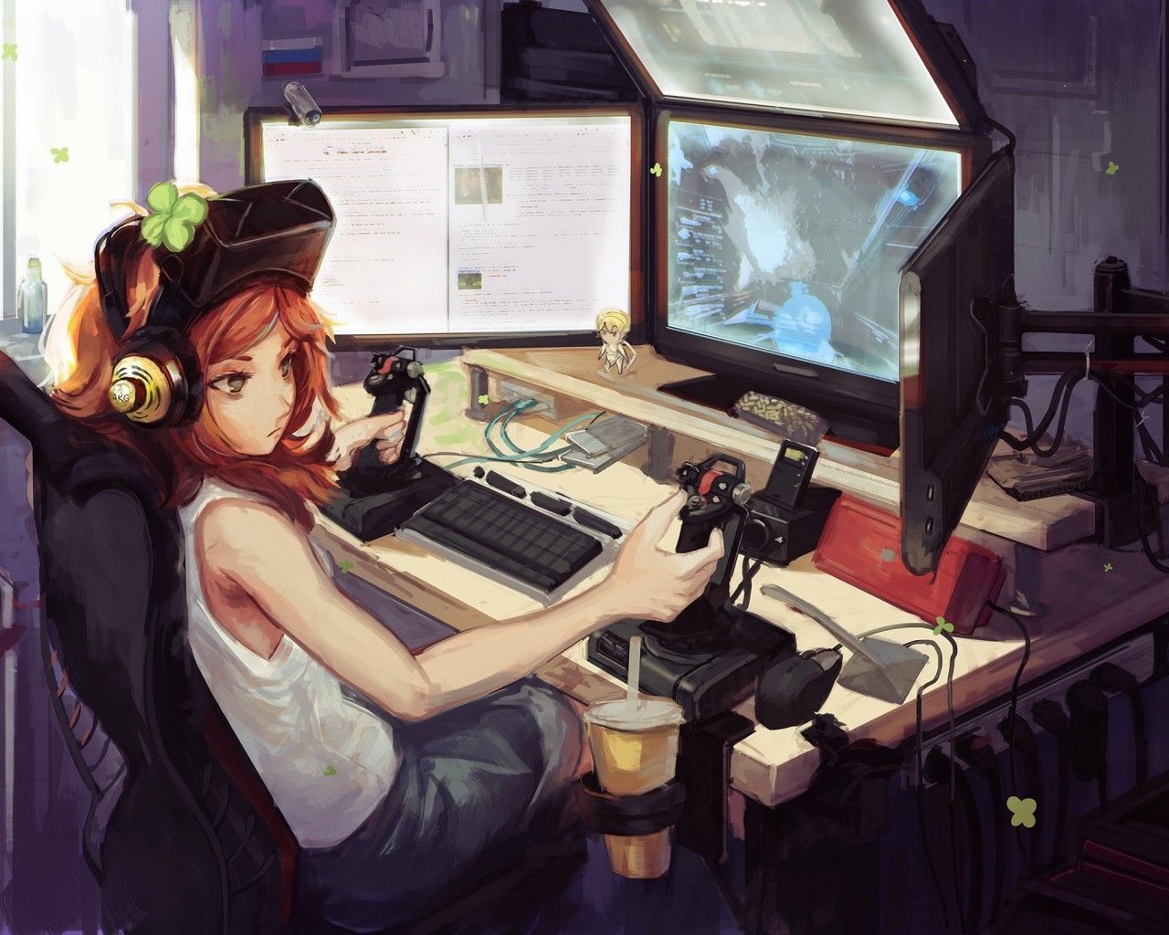 Anime Gamer Girl, Room, Gaming Setup, Headphones