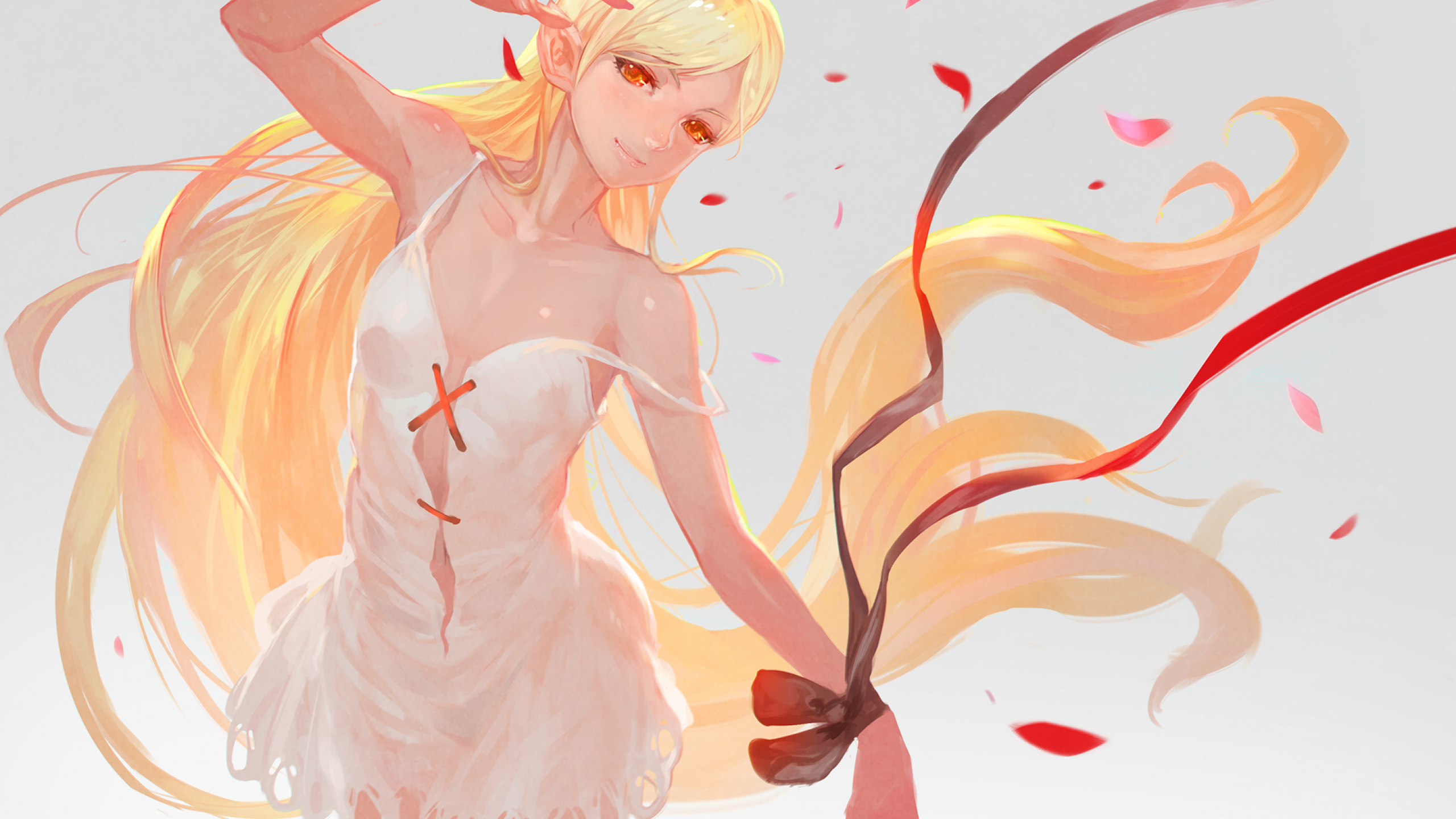 Download 2560x1440 Kizumonogatari, Oshino Shinobu, Blonde, Red Eyes, Light Dress Wallpaper for iMac 27 inch