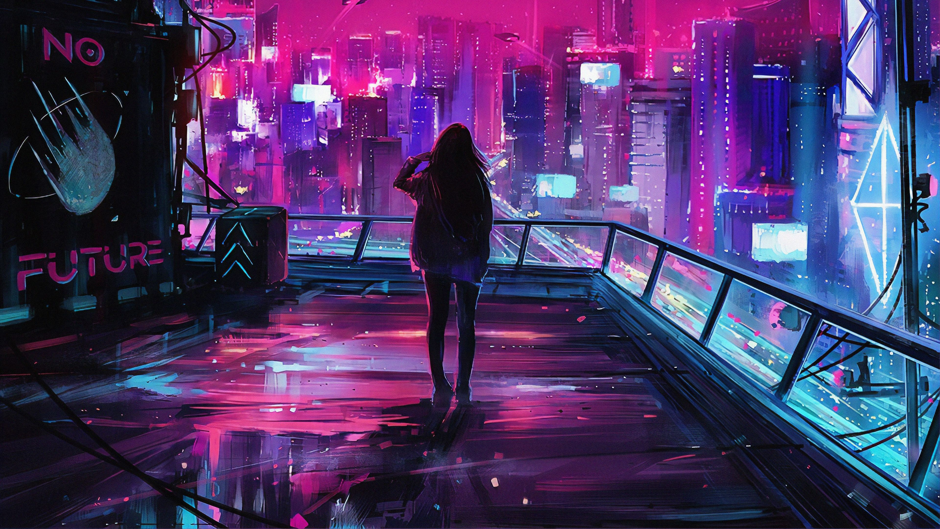 Download 3840x2160 Neon City, Girl, Back View, Night, Lights Wallpaper for UHD TV