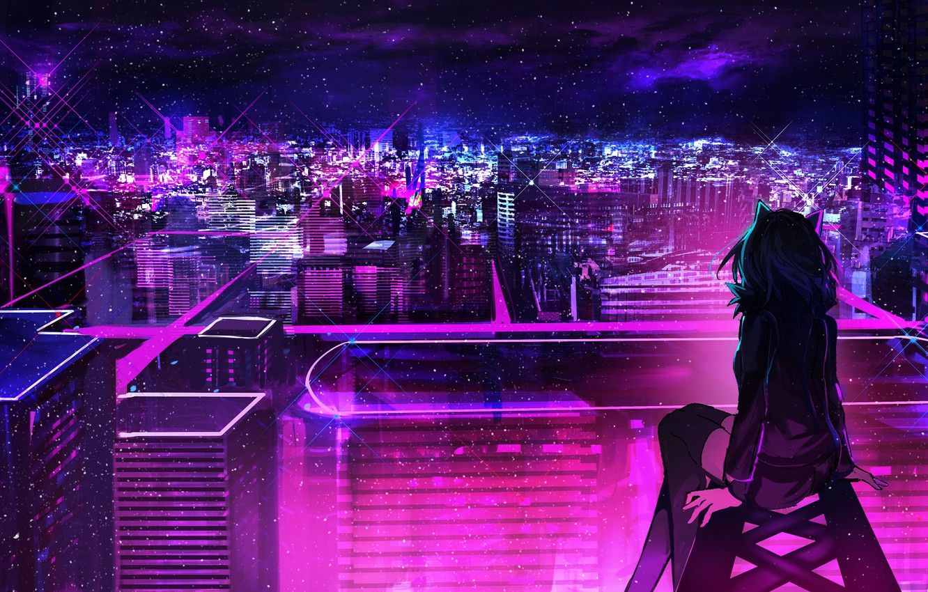 Wallpaper roof, girl, night, the city, neon image for desktop, section арт