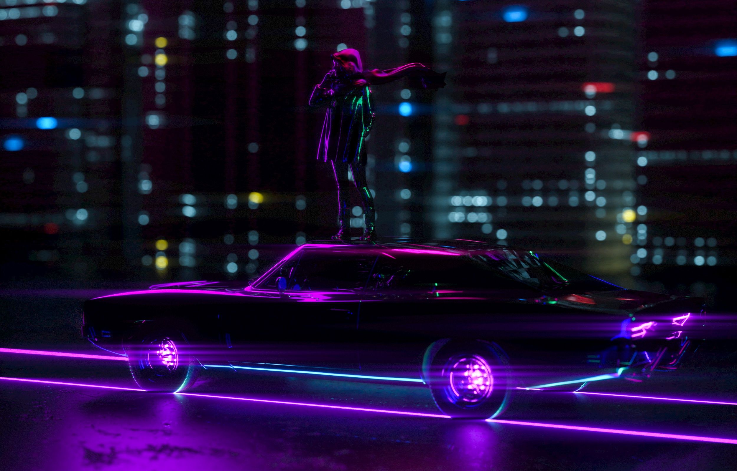 Girl Standing On Car Neon City, HD Artist, 4k Wallpaper, Image, Background, Photo and Picture