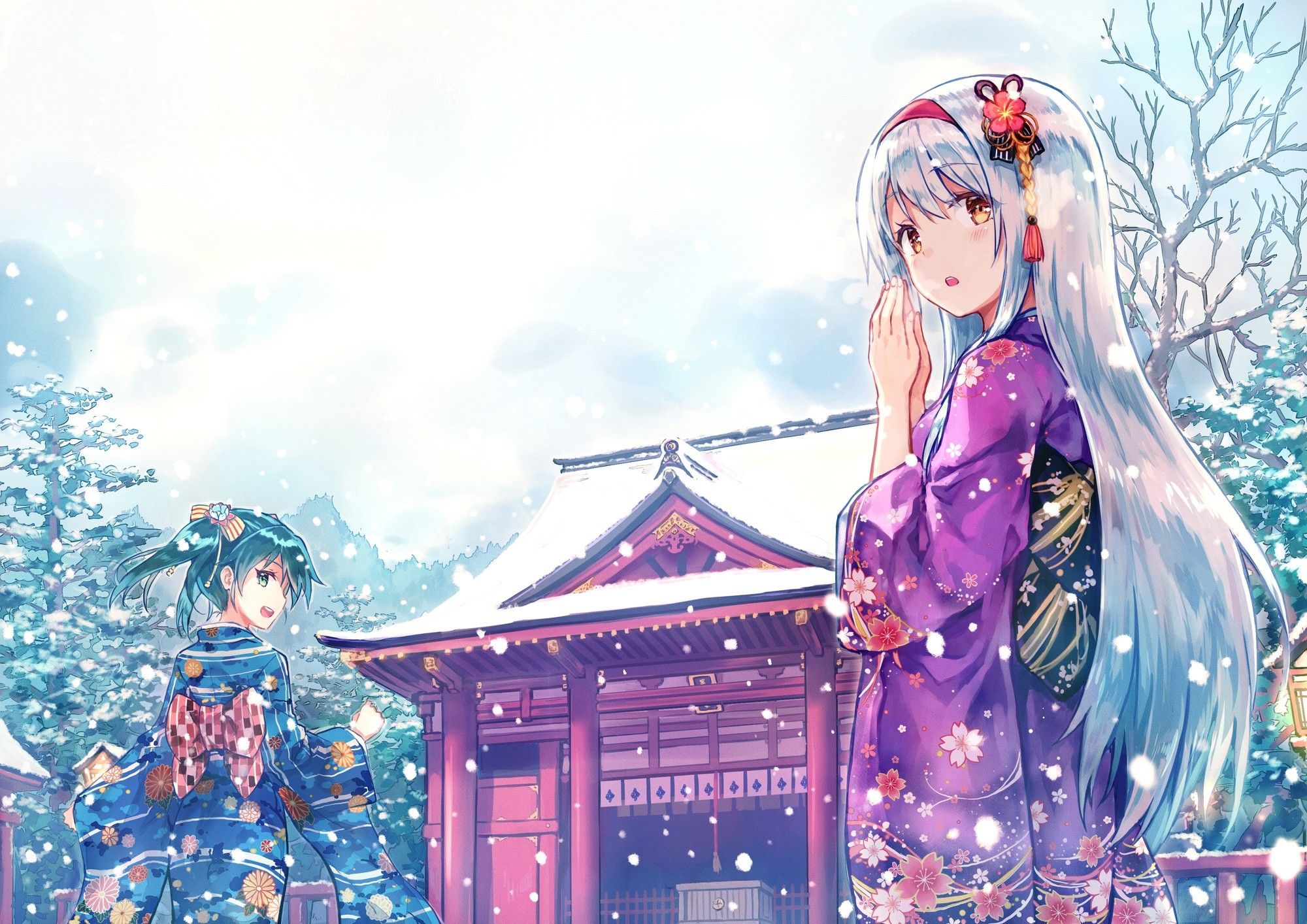 #Kantai Collection, #anime girls, #kimono, #winter, #traditional clothing, #Japanese clothes, #Shoukaku (KanColle), #Zuikaku (KanColle), # anime, #snow, #shrine wallpaper