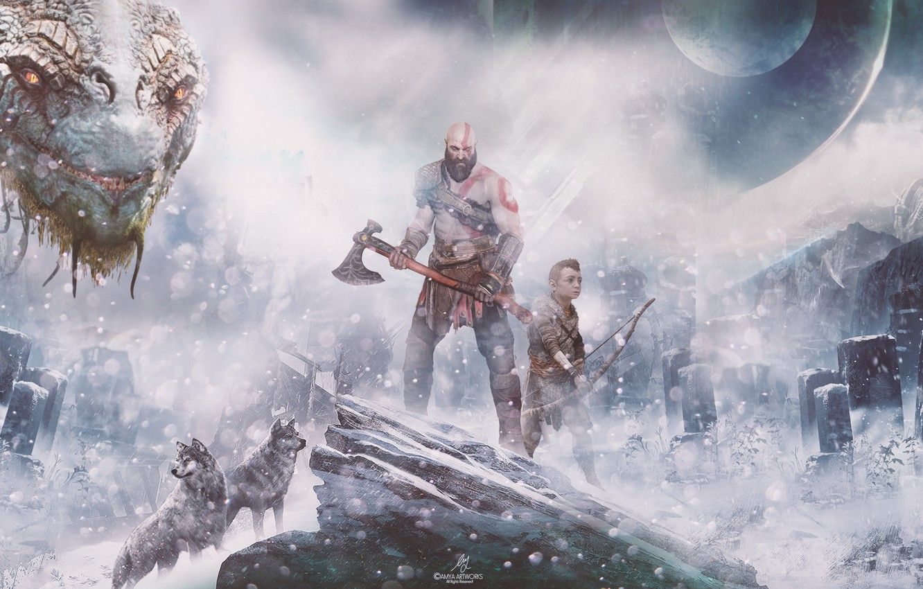 Wallpaper Wars, Action, Red, Fantasy, Wolves, Dragon, Blizzard, Sony, Gods, Winter, Kratos, Playstation, God of War, Snow, Tatoo, War image for desktop, section игры