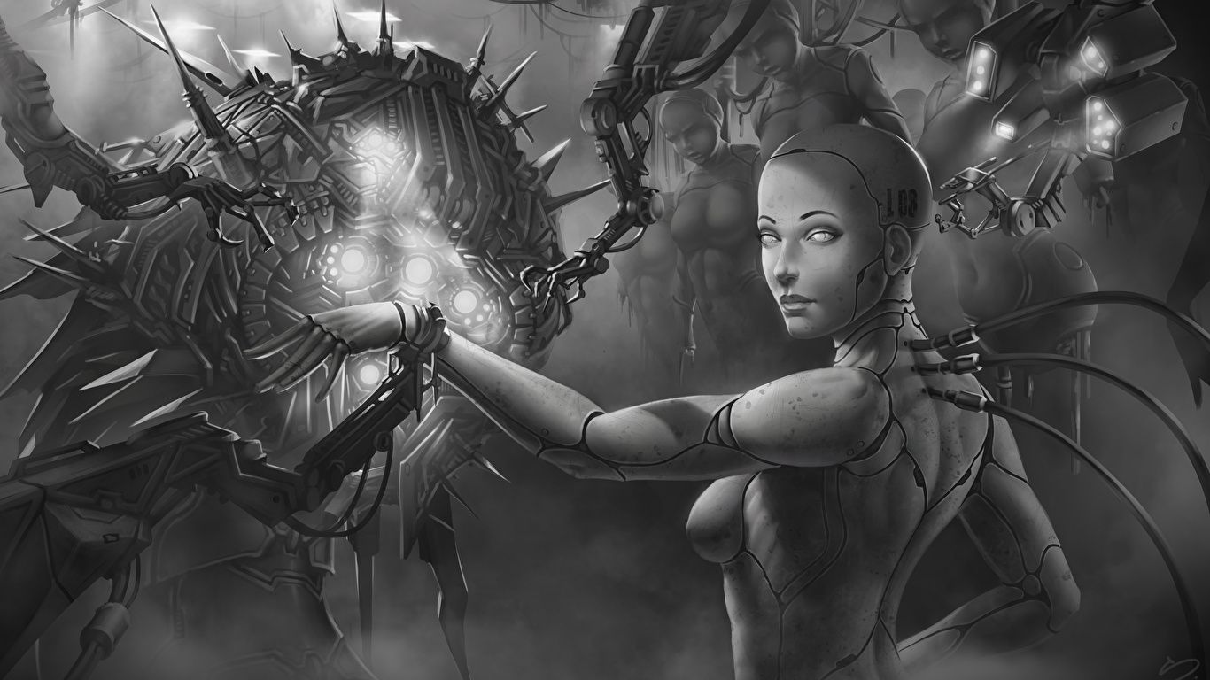 image robots Fantasy young woman Black and white 1366x768