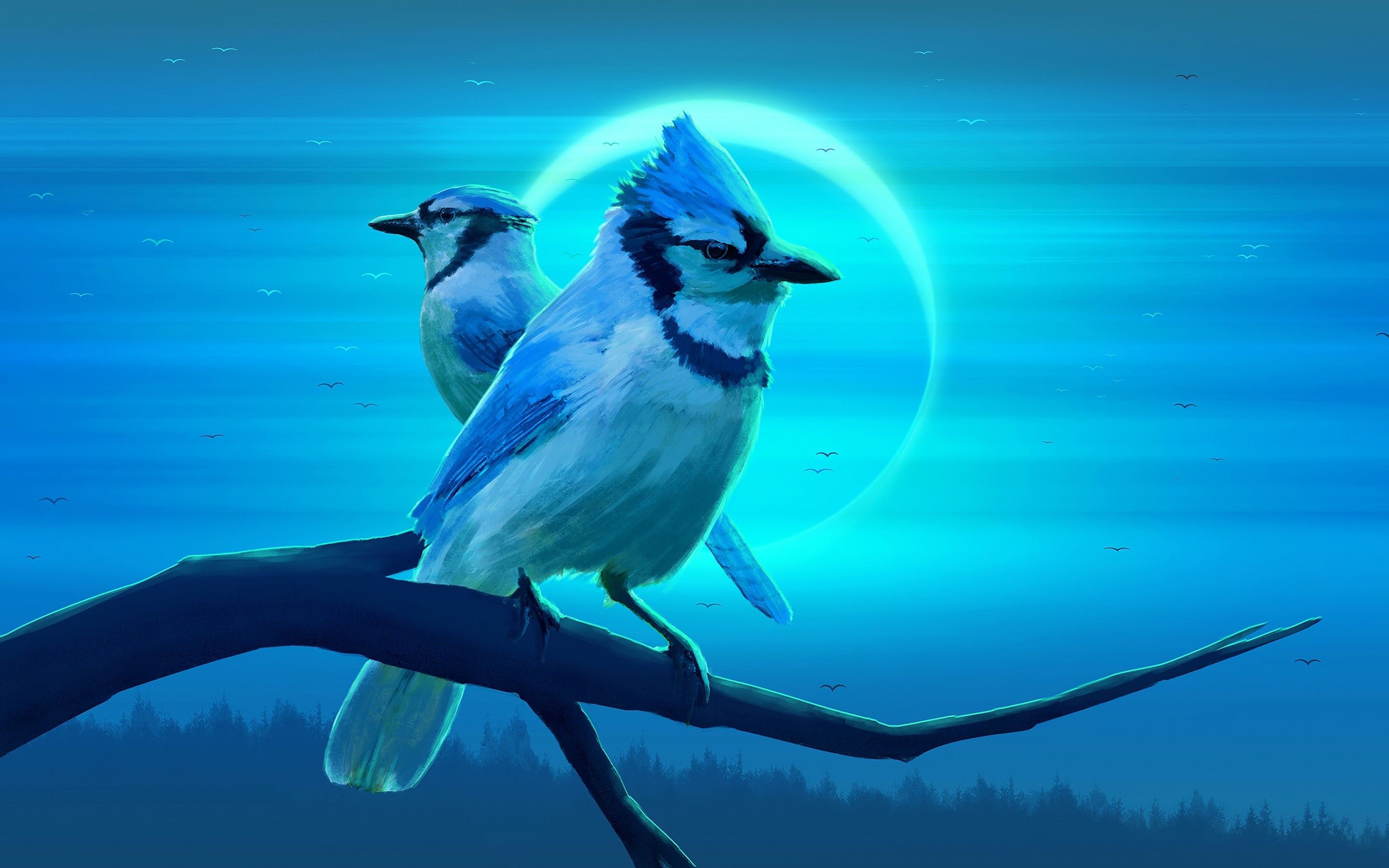 Download 2880x1800 Blue Jay, Birds, Painting, Branch Wallpaper for MacBook Pro 15 inch