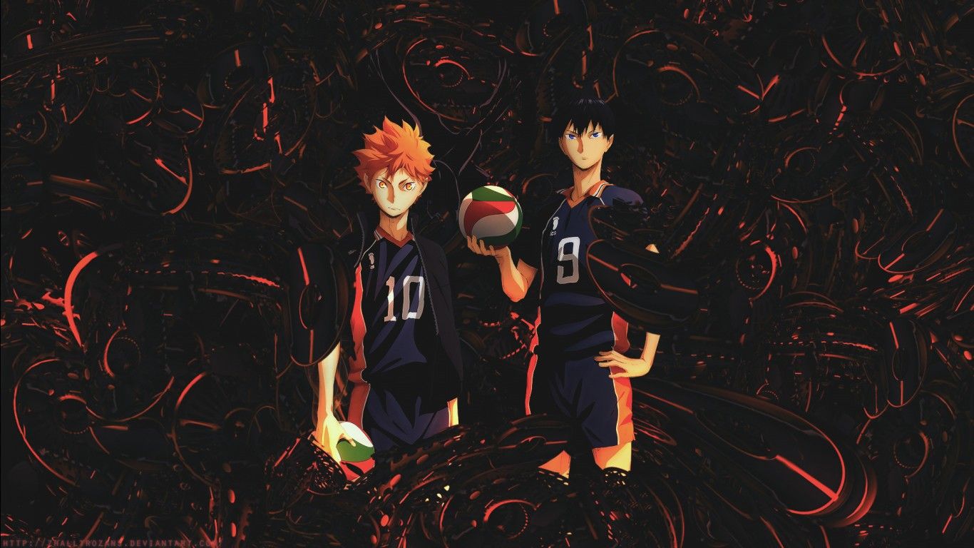 Haikyu Hinata And Kageyama With Black Background And Red Designs HD Anime Wallpaper