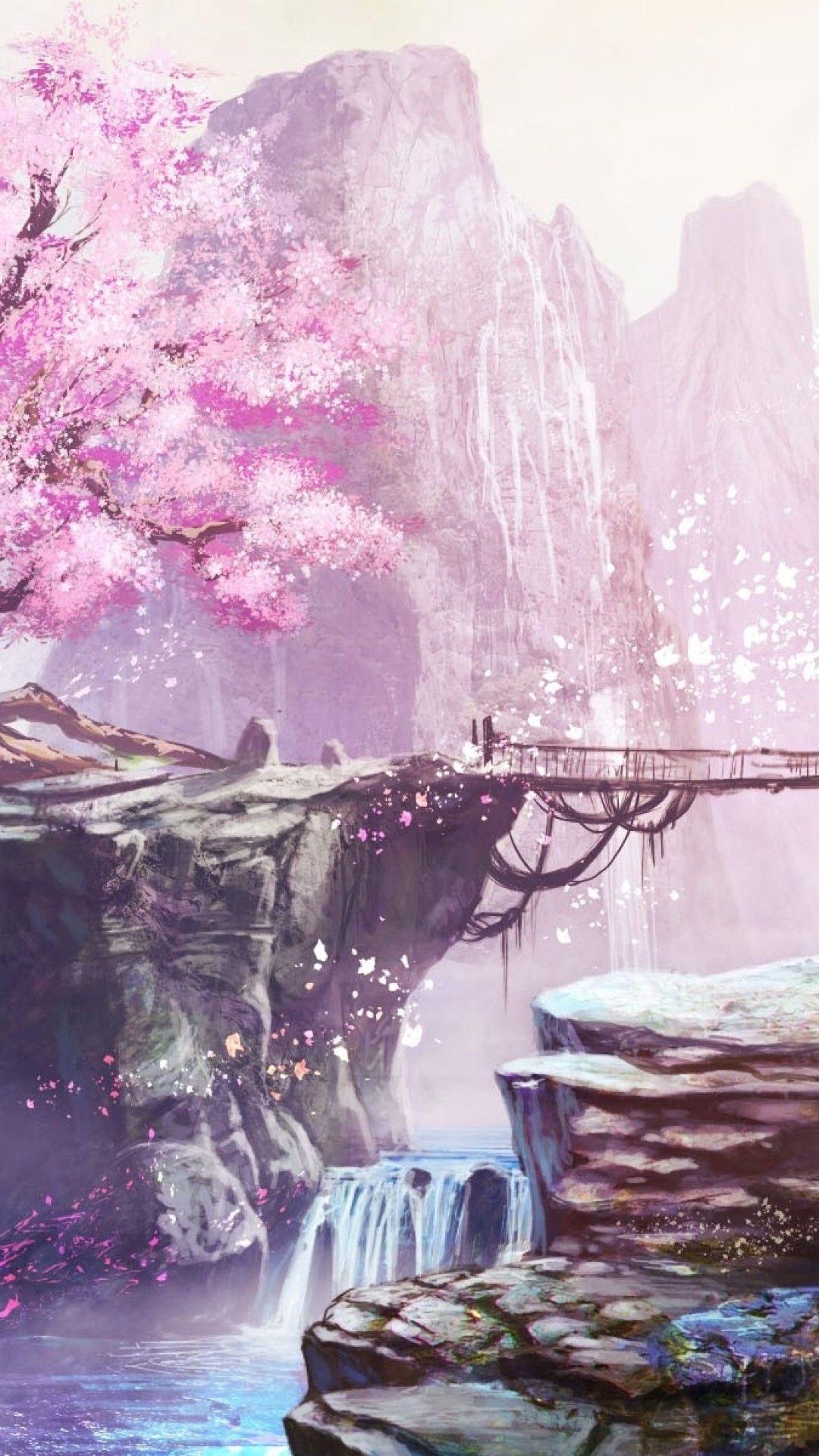 Anime Landscape, Cherry Blossom, Bridge, Waterfall, Blossom Anime Wallpaper iPhone HD Wallpaper