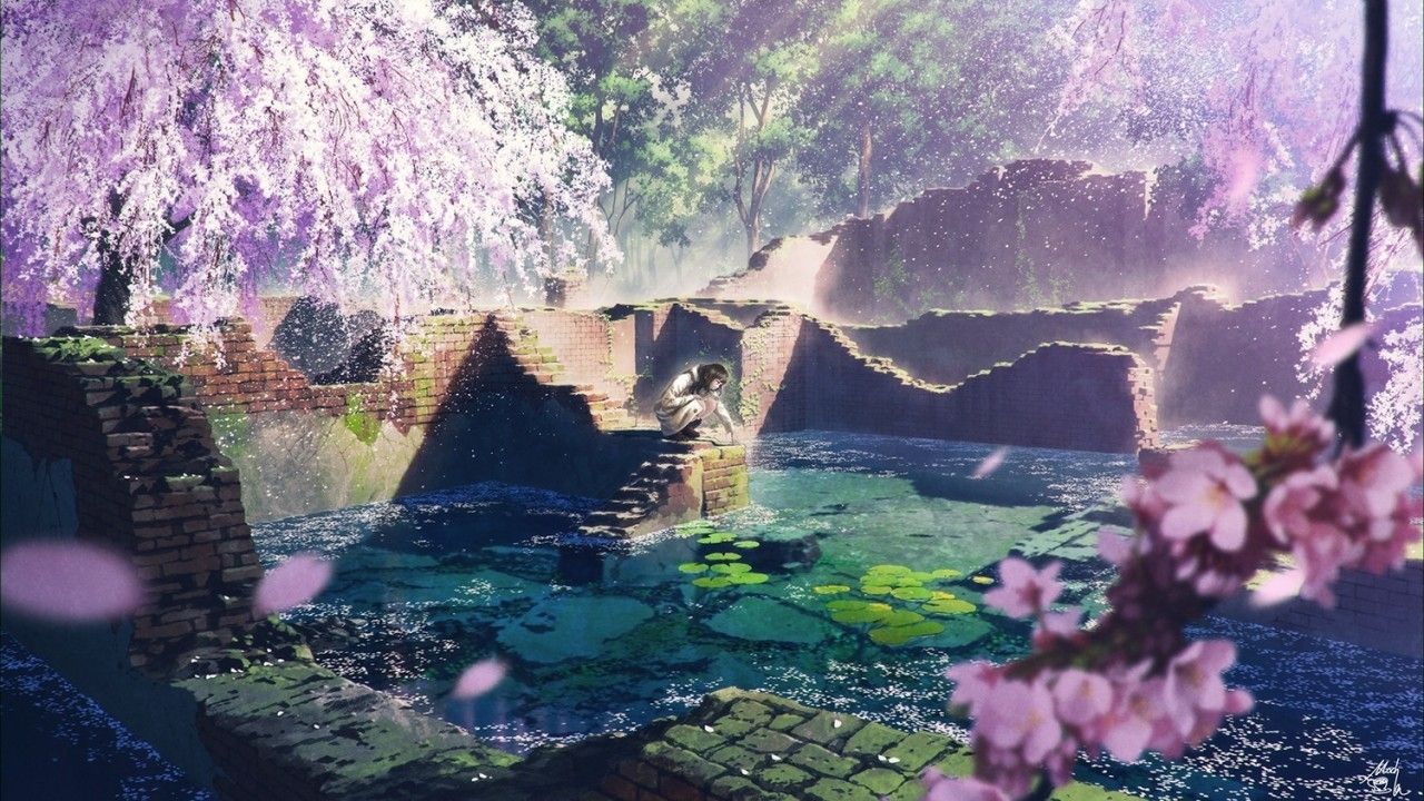 Download 1280x720 Anime Landscape, Cherry Blossom, Anime Girl, Ruins, Water Wallpaper