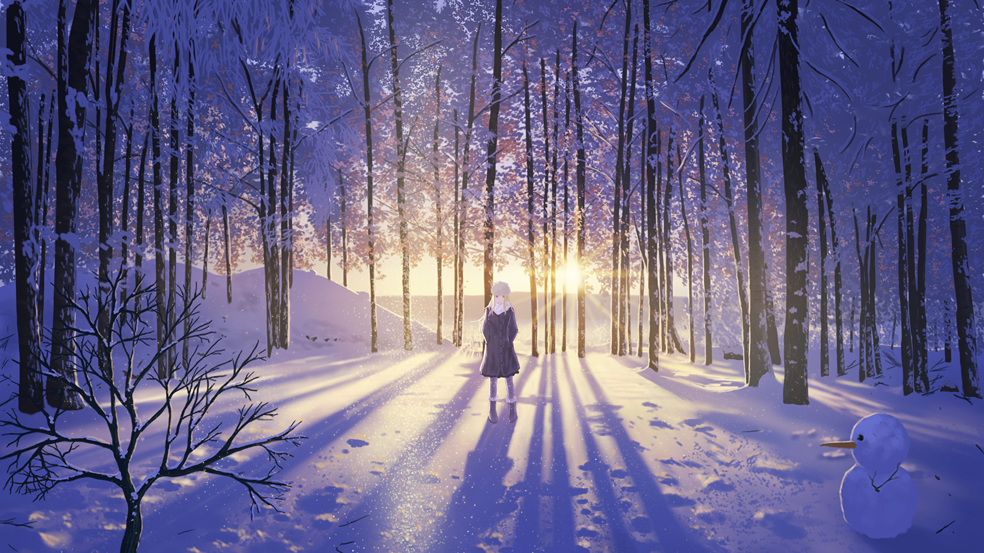 Download 1920x1080 Anime Girl, Snow, Winter, Forest Wallpaper for Widescreen