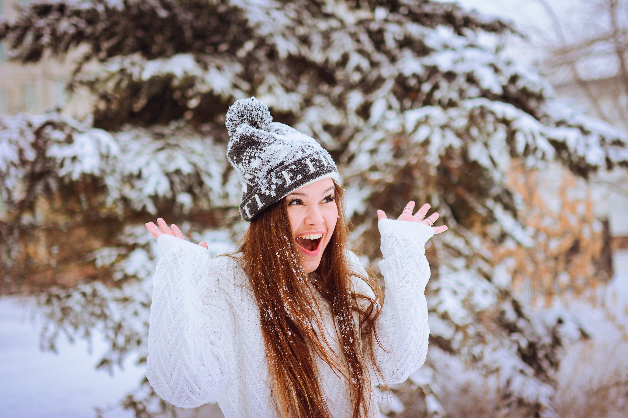 Winter snow landscape nature girl mood happy wallpaperx1366