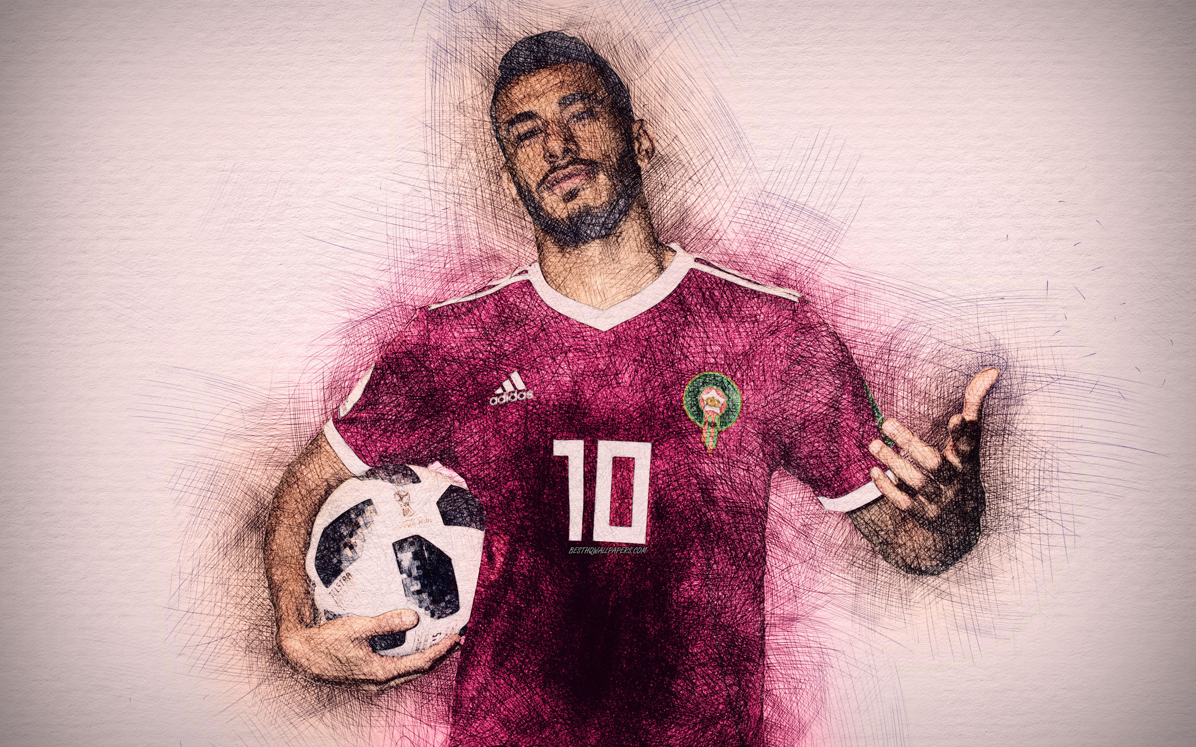 Descargar fondos de pantalla Younes Belhanda, 4k, Marroquí equipo de fútbol, obras de arte, fútbol, Belhanda, futbolistas, dibujo de Younes Belhanda, Equipo Nacional de Marruecos monitor con una resolución 3840x2400. Imagenes de