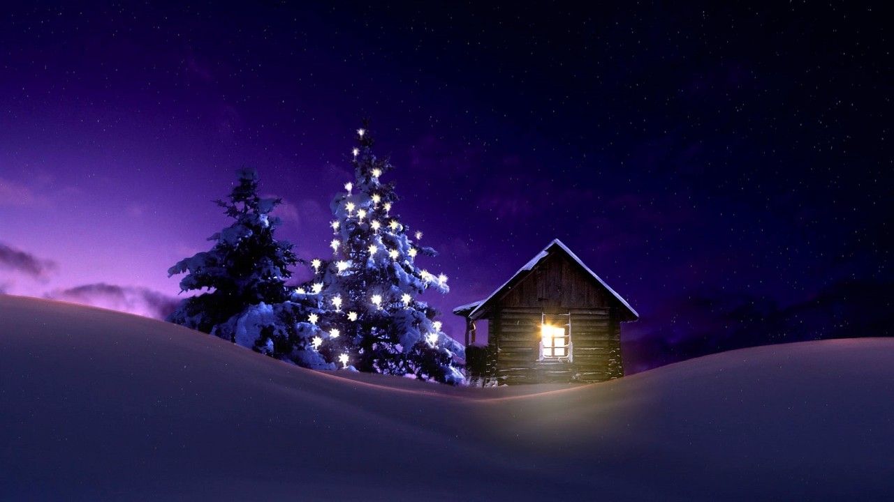 Christmas Lighted Tree Outside Winter Cabin 720P Wallpaper, HD Holidays 4K Wallpaper, Image, Photo and Background
