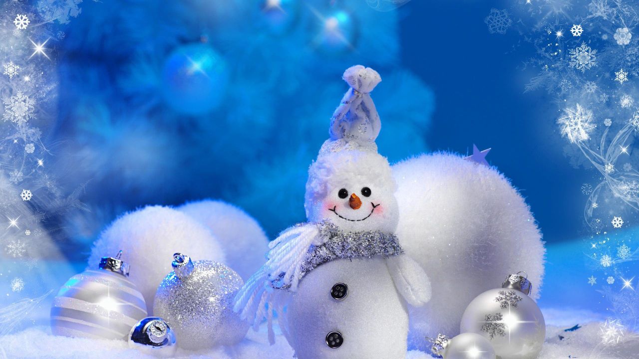 Cheerful snowman and Christmas tree decorations Desktop wallpaper 1280x720