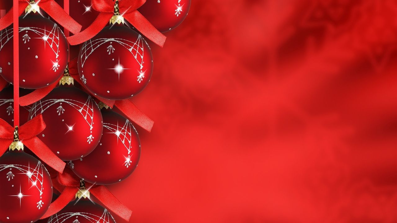 Beautiful Christmas tree decorations on a red background Desktop wallpaper 1280x720